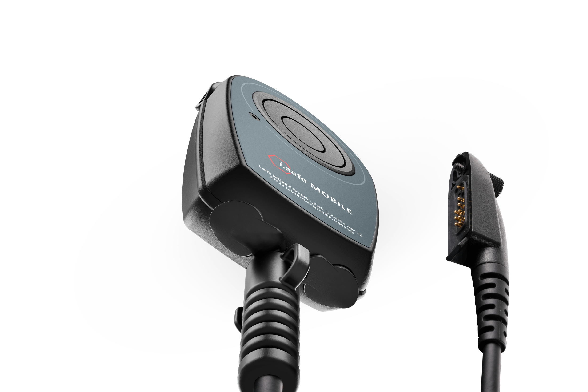 Close-up of the i.safe MOBILE IS-RSMG2.2 C1/D2 Intrinsically Safe Remote Speaker Microphone with 13-pin ISM interface, ideal for clear audio in noisy work environments, shown coiled with connector cable against a white background.