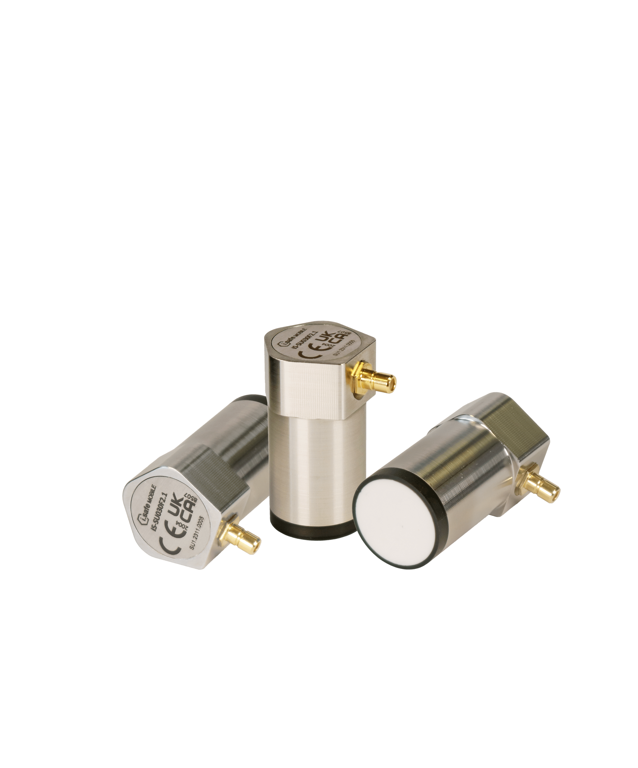 Three i.safe MOBILE IS-VS1A.RG Rugged Valve Sense Mobile Inspection System sensors with gold connectors are shown on a white background, displaying labels and certifications that demonstrate their predictive maintenance suitability.