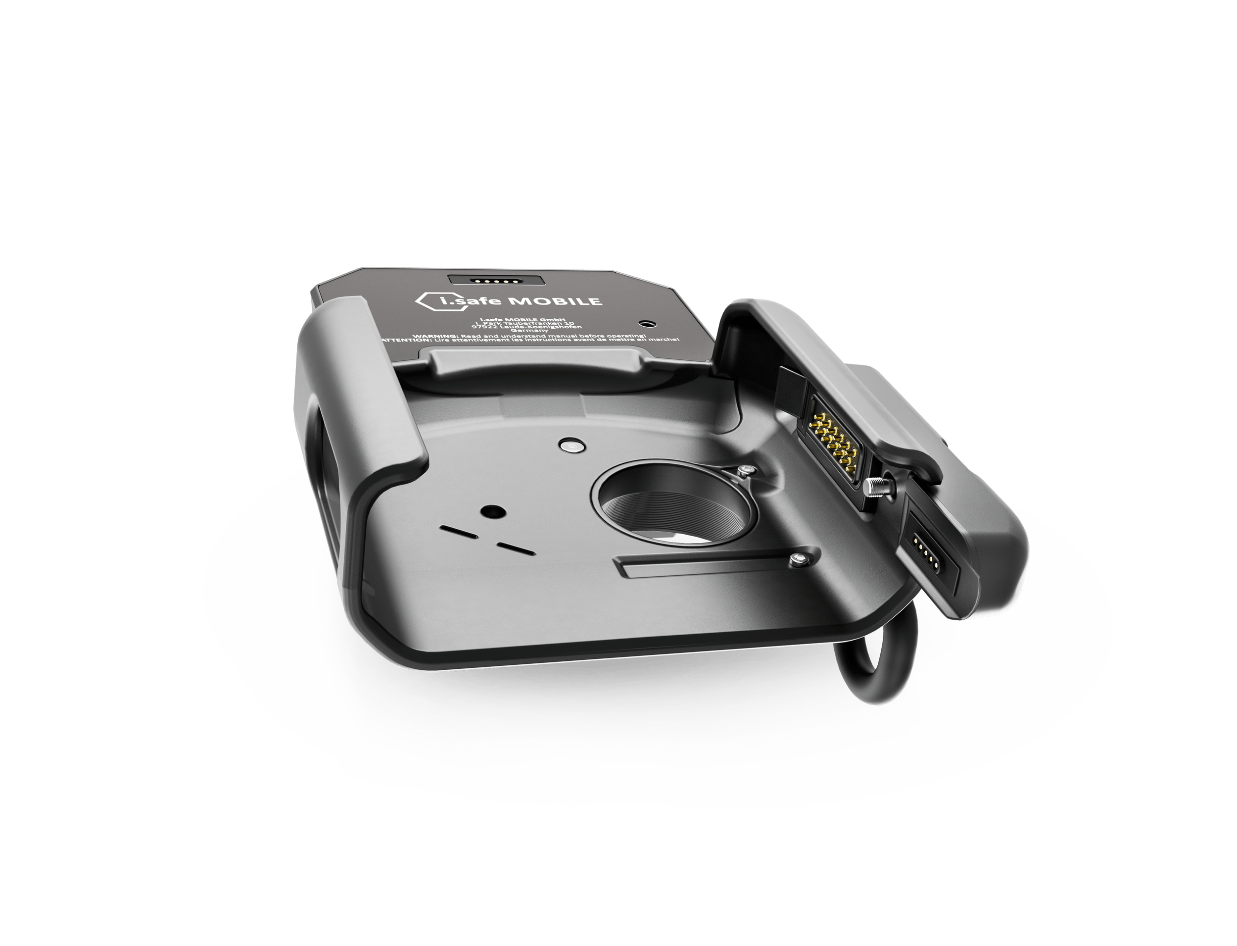 The i.safe MOBILE IS-TC1A.2 Intrinsically Safe (C1/D2) Thermal Camera features a black electronic docking station with multiple connectors and a circular opening for mounting, charging, and direct data transfer.