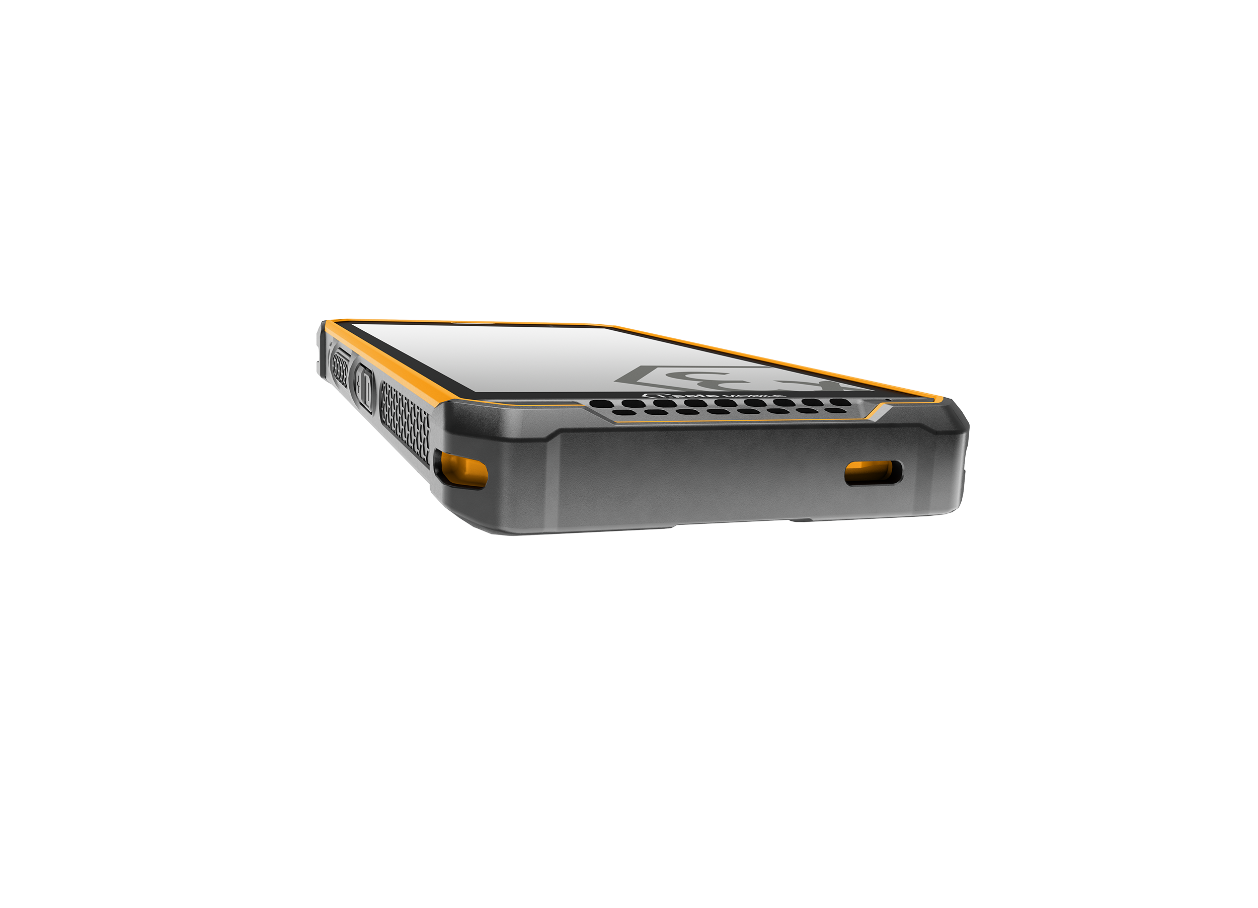 The i.safe MOBILE IS880.2 Lightweight 4G LTE Smartphone is a rugged black and orange device with reinforced corners, textured grips, a programmable key, and an upward-facing screen—shown against a plain white backdrop.