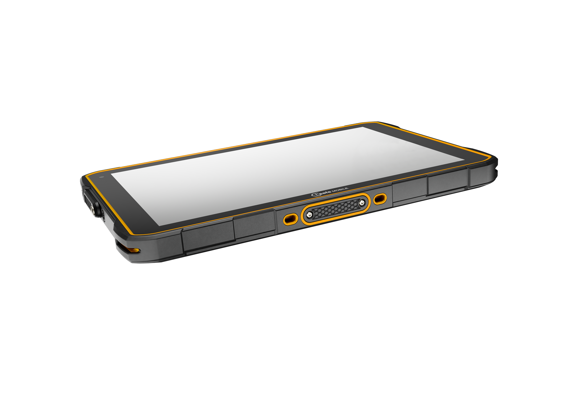 The i.safe MOBILE IS940.RG Rugged Android Tablet, in black and orange with a Qualcomm QCM6490, is shown angled on a plain white background.