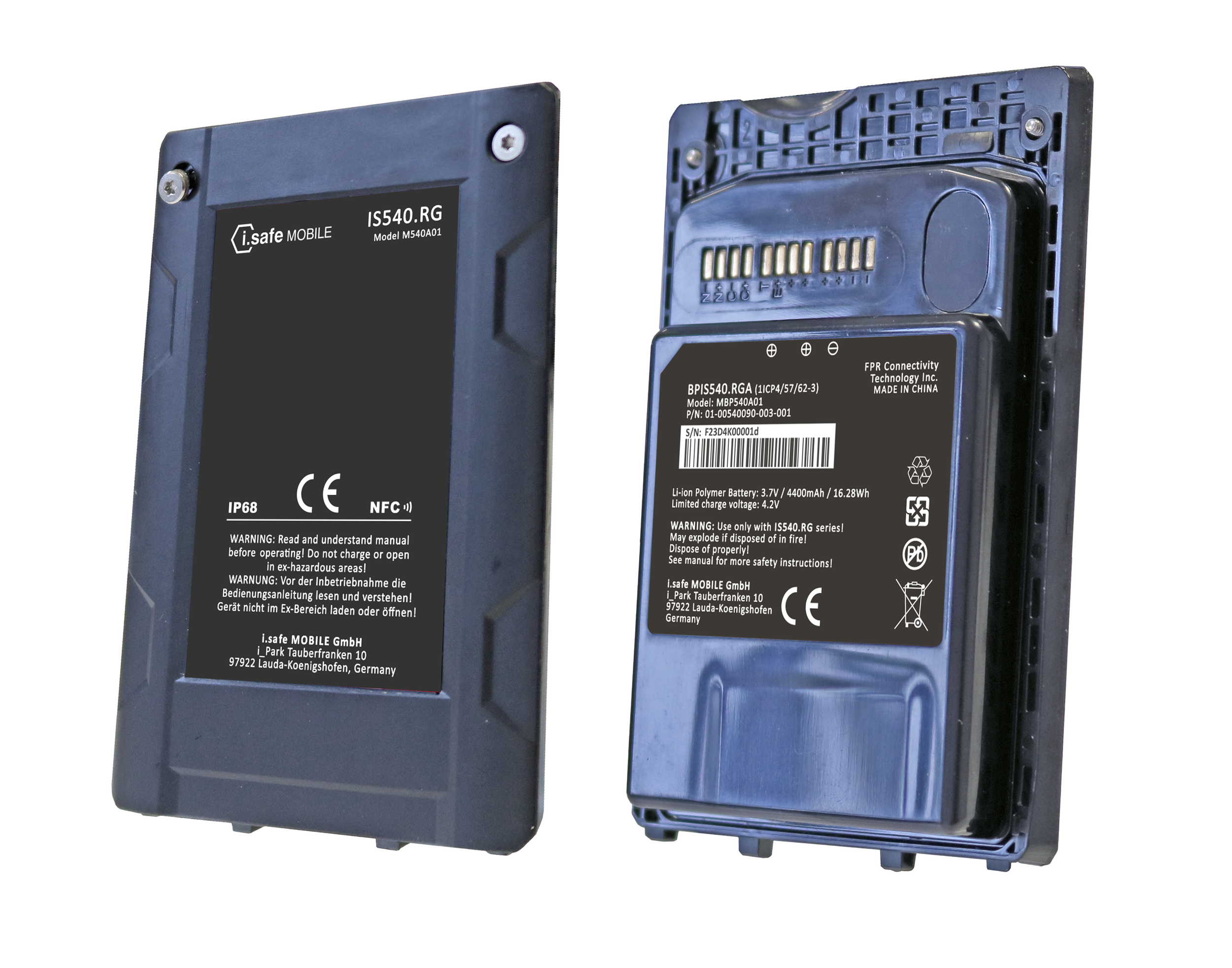 The i.safe MOBILE BPIS540.RGA Battery for IS540.RG Rugged Smartphone is shown from the front with branding and specifications, and from the back highlighting the port connectors and the removable battery design.