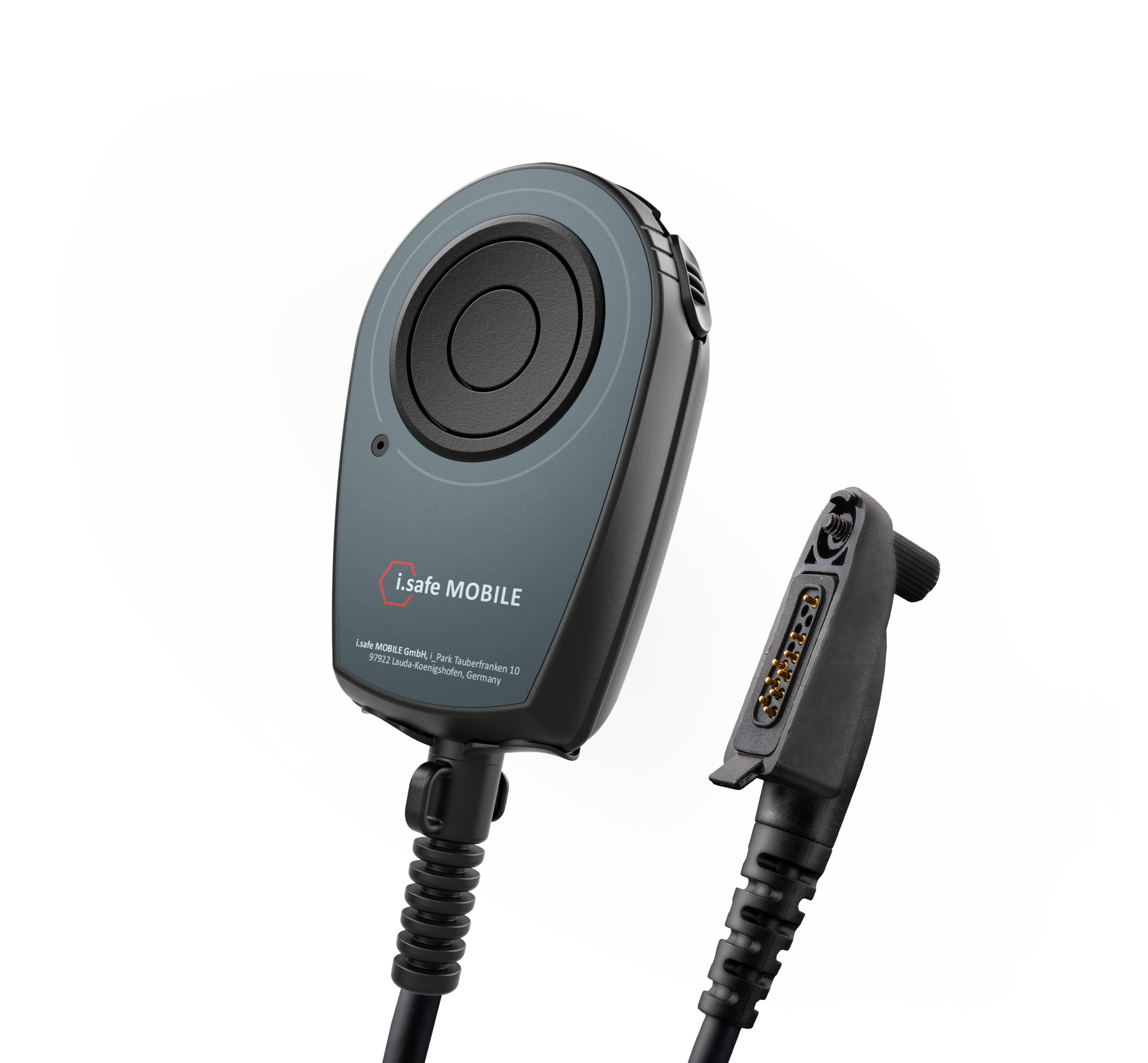 A close-up of the i.safe MOBILE IS-RSMG2.2 Intrinsically Safe (C1/D2) Remote Speaker Microphone, featuring a dynamic loudspeaker, coiled cable, and 13-pin ISM connector—perfect for noisy work areas—on a white background.