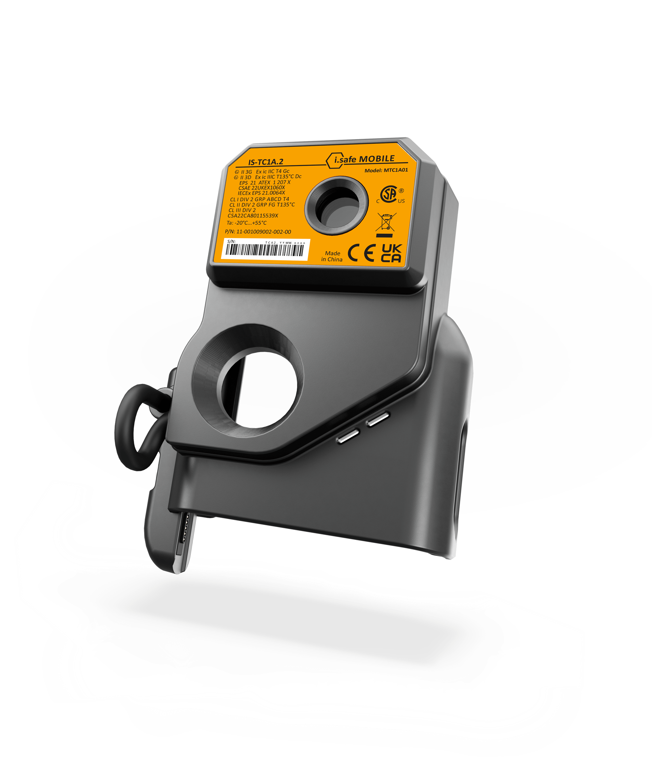 The i.safe MOBILE IS-TC1A.2, an intrinsically safe (C1/D2) black thermal camera with an orange label and ISM interface for direct data transfer, is shown on a plain white background.