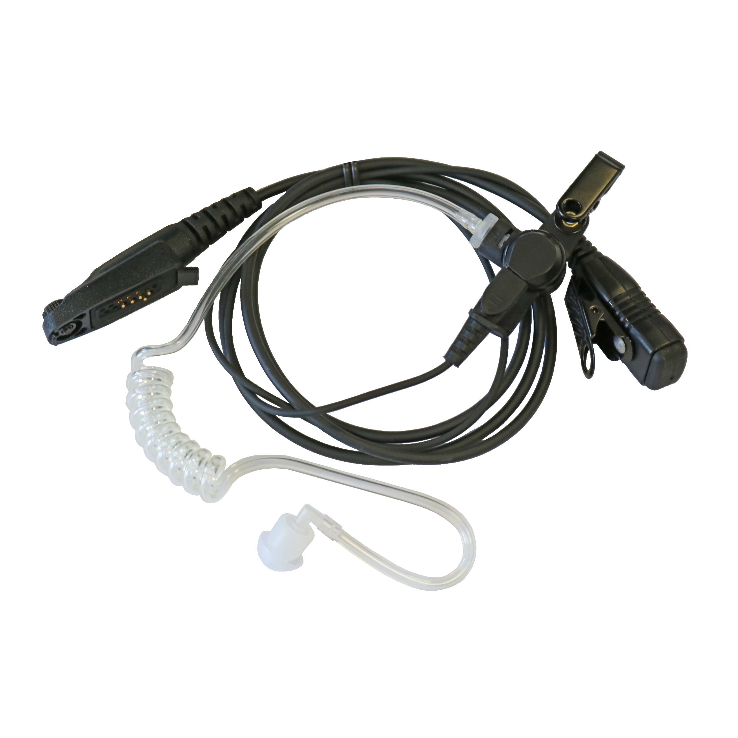 The i.safe MOBILE IS-HS1.1 Headset Set features a coiled earpiece with clear acoustic tube, black wire, clip, and connector, ideal for use with two-way radios or security communication devices.