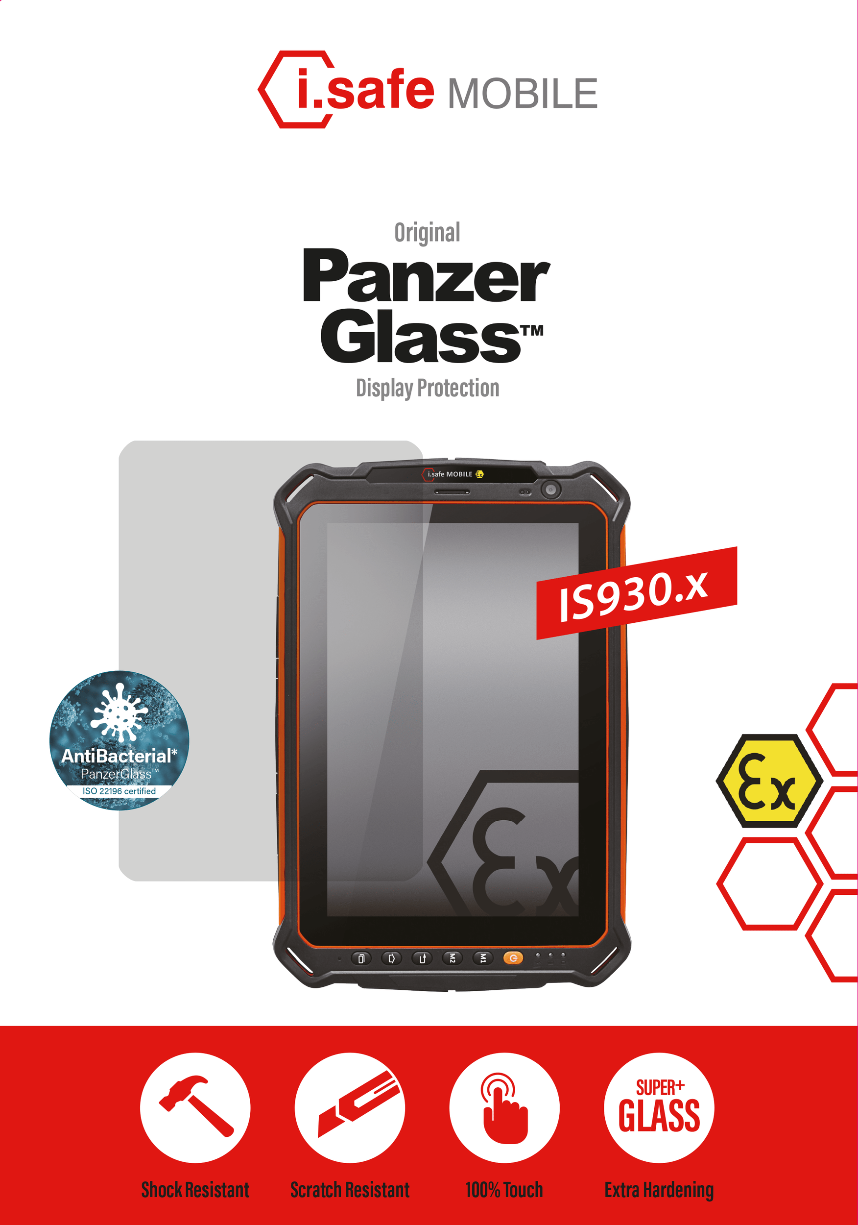 The i.safe MOBILE PANZERGLASS™ Screen Protector for IS930.X Tablets is displayed, with icons and text showcasing its shock resistance, scratch resistance, 100% touch functionality, and extra hardening.