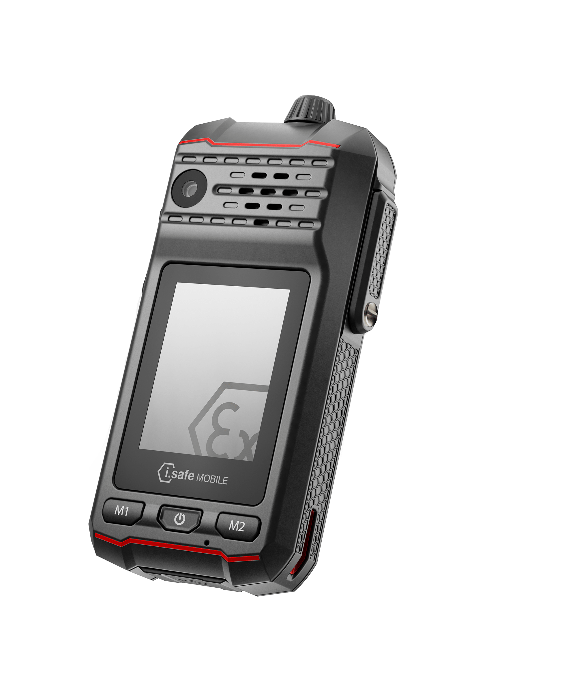 The i.safe MOBILE IS440.1 Intrinsically Safe (C1/D1) 5G Radio is a rugged black handheld device with a display and labeled buttons, ideal for hazardous or industrial settings and lone worker protection.