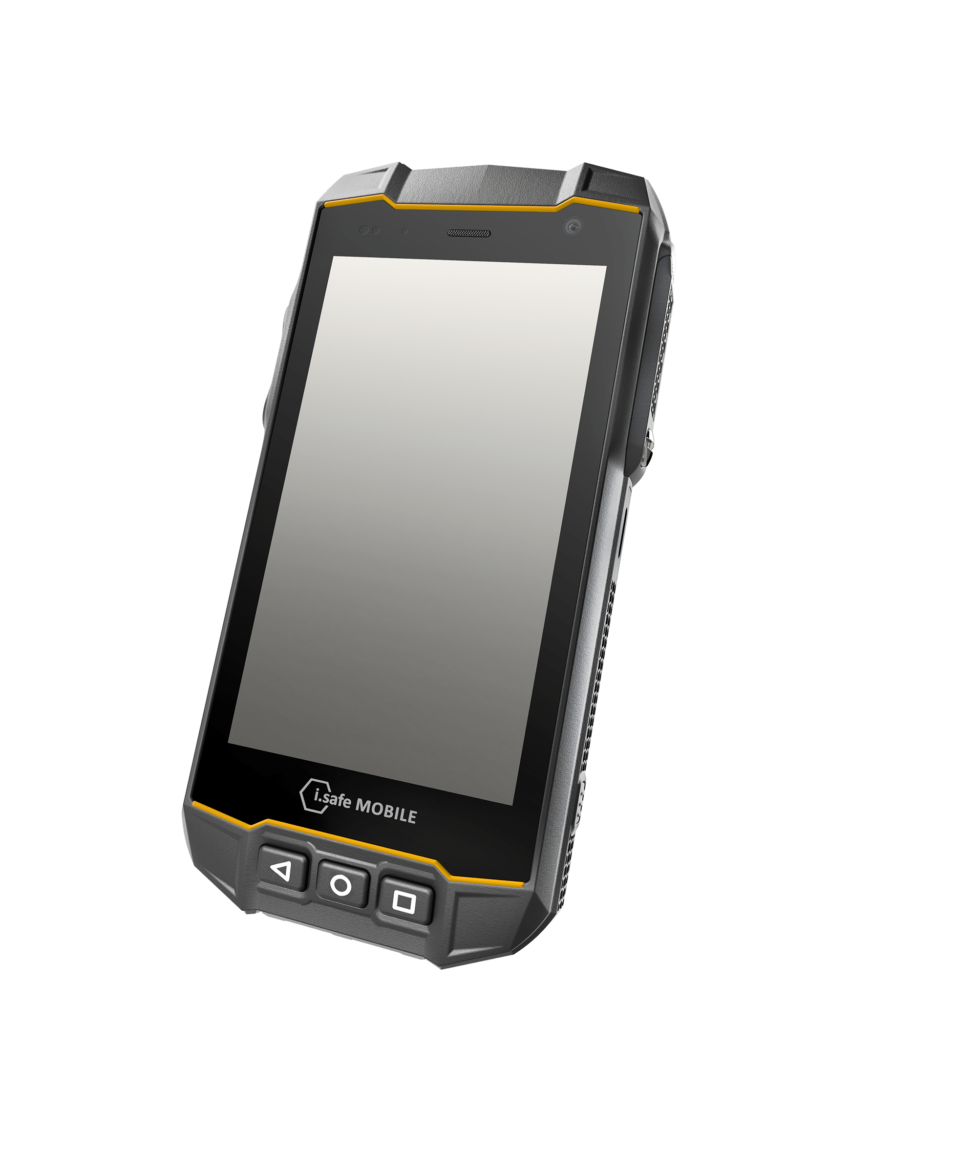 The i.safe MOBILE IS530.RG Rugged Smartphone is black with orange accents, has a Gorilla Glass touchscreen, three physical buttons below the display, and is shown on a plain white background.