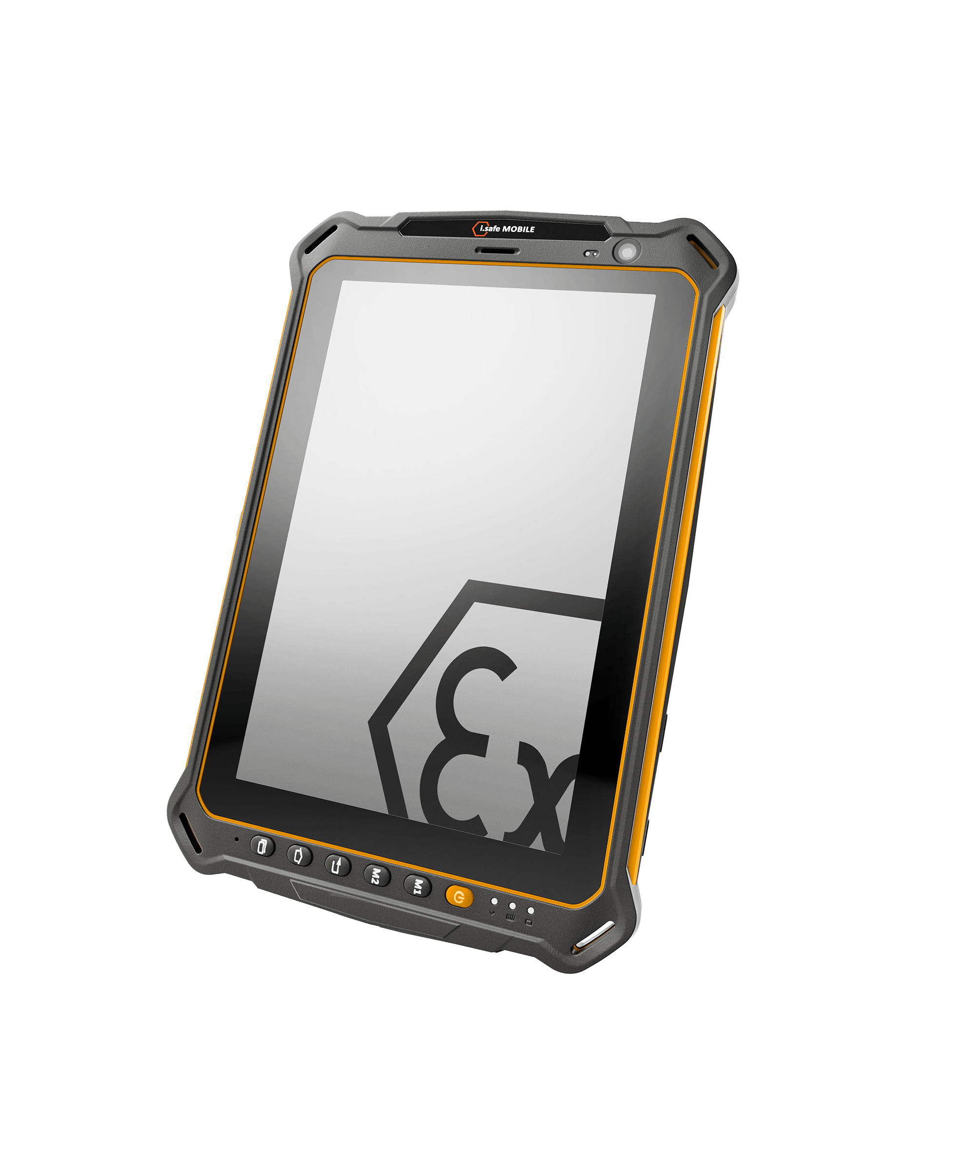 The i.safe MOBILE IS930.2 Non-Incendive (C1/D2) Tablet is a rugged, waterproof industrial tablet with a reinforced frame, yellow accents, bottom physical buttons, and a reflective display featuring the "Ex" safety symbol.