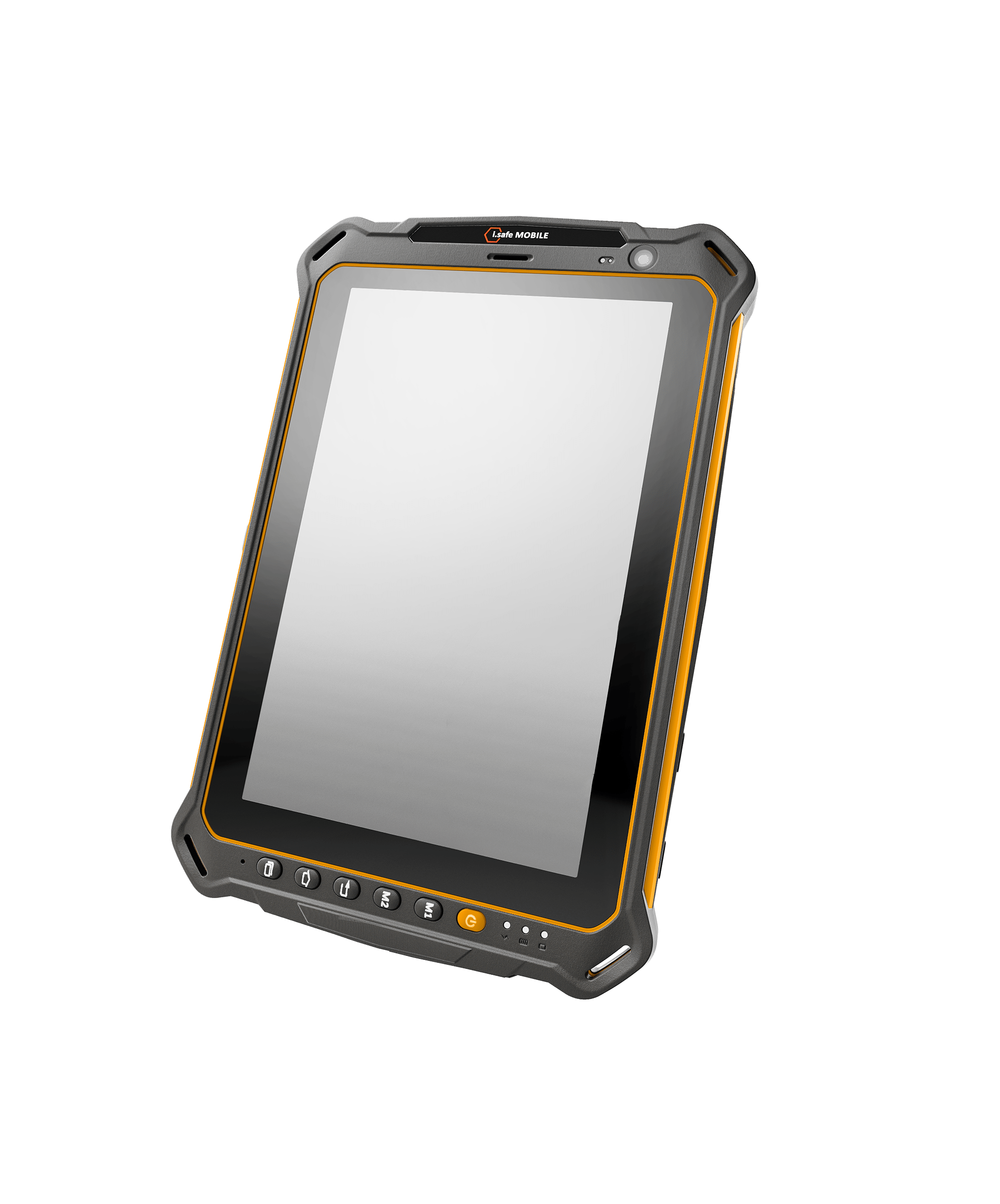 The i.safe MOBILE IS930.RG Rugged Tablet features Android 13, a durable black and orange protective casing, a large RugDisplay Glass touchscreen, and multiple physical buttons along the bottom edge.