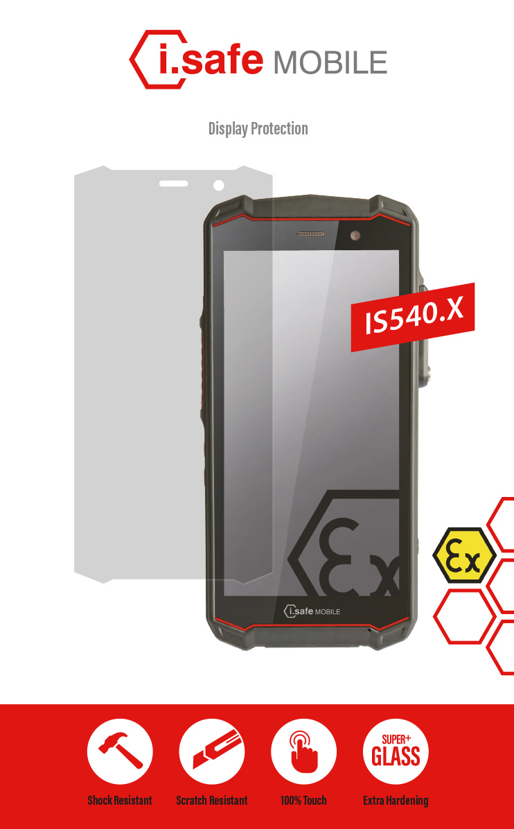 The i.safe MOBILE PANZERGLASS™ Screen Protector for IS540.X Smartphones features icons for shock resistance, scratch resistance, 100% touch, and extra hardening, with visible branding and EX protection symbols.
