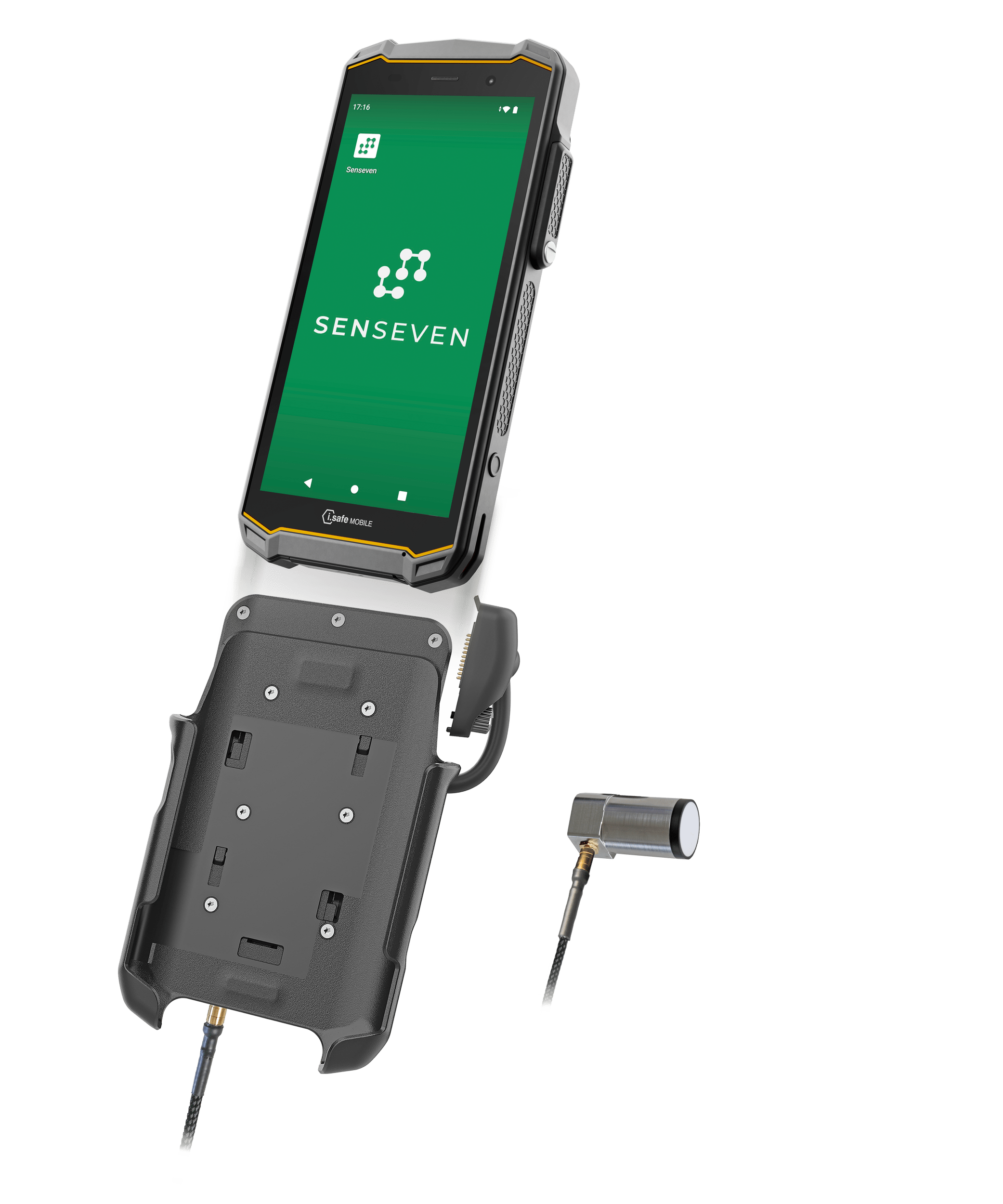 The i.safe MOBILE IS-VS1A.RG Rugged Valve Sense Mobile Inspection System includes a handheld device, smartphone with Senseven app, docking station, and cylindrical sensor for efficient leakage detection.