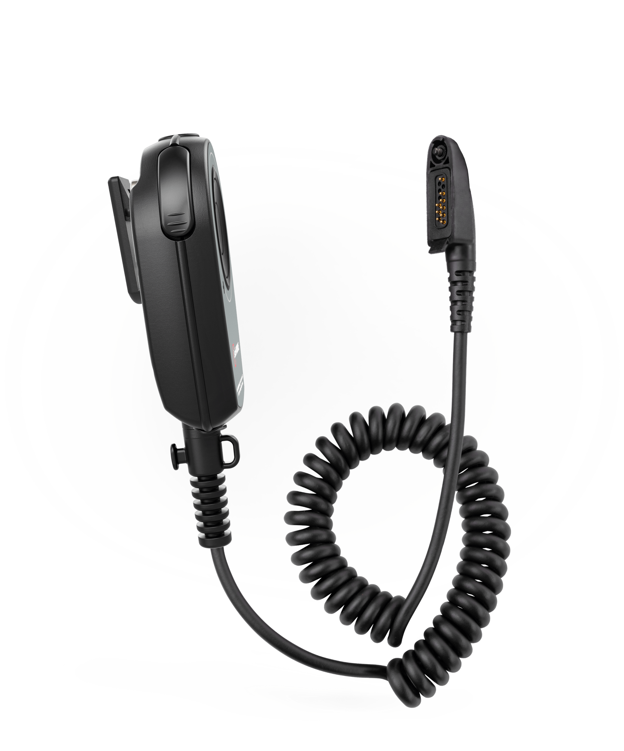 The i.safe MOBILE IS-RSMG2.2 is a black handheld intrinsically safe (C1/D2) remote speaker microphone with a coiled cable, dynamic loudspeaker, and 13-pin ISM interface, shown isolated on a white background.
