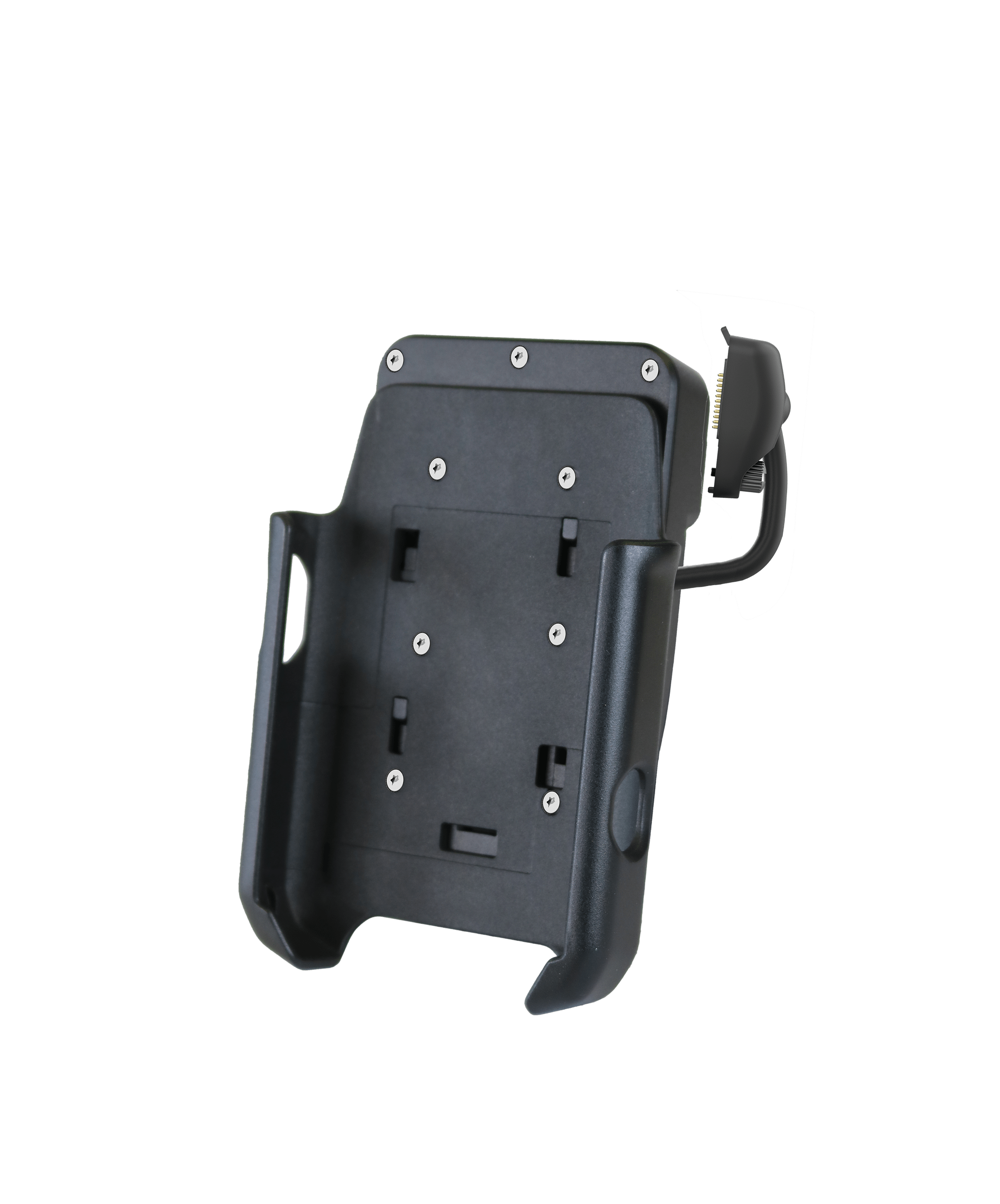 The i.safe MOBILE IS-VS1A.RG Rugged Valve Sense Mobile Inspection System is a black plastic device holder with a mounting bracket, multiple screw holes, and a side adjustment knob, perfect for predictive maintenance, shown on a plain white background.