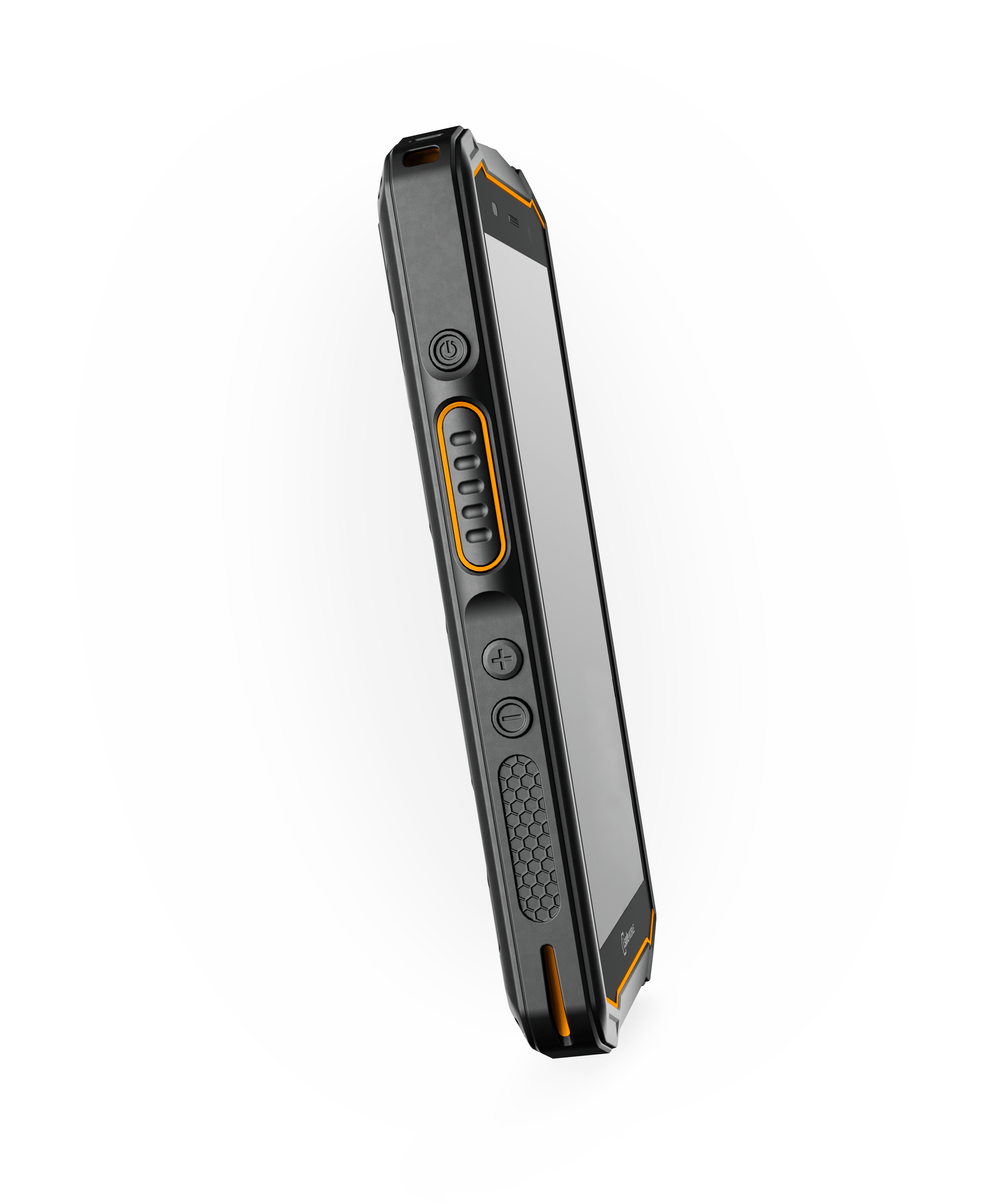 Side view of the i.safe MOBILE IS540.RG Rugged Smartphone in black with orange accents, large buttons, a power button, and a textured grip. Features Dual-SIM support and is compatible with the Verizon Network.