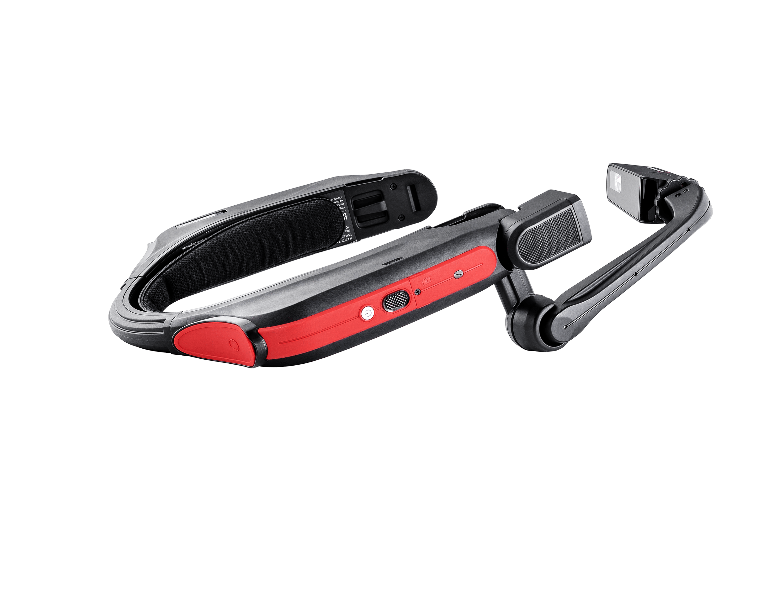 The RealWear HMT-1Z1 Hands Free Intrinsically Safe Wearable Tablet features a red and black adjustable frame, microphone, side-mounted camera, Android 10 OS, and Snapdragon 625 processor, shown on a plain white background.
