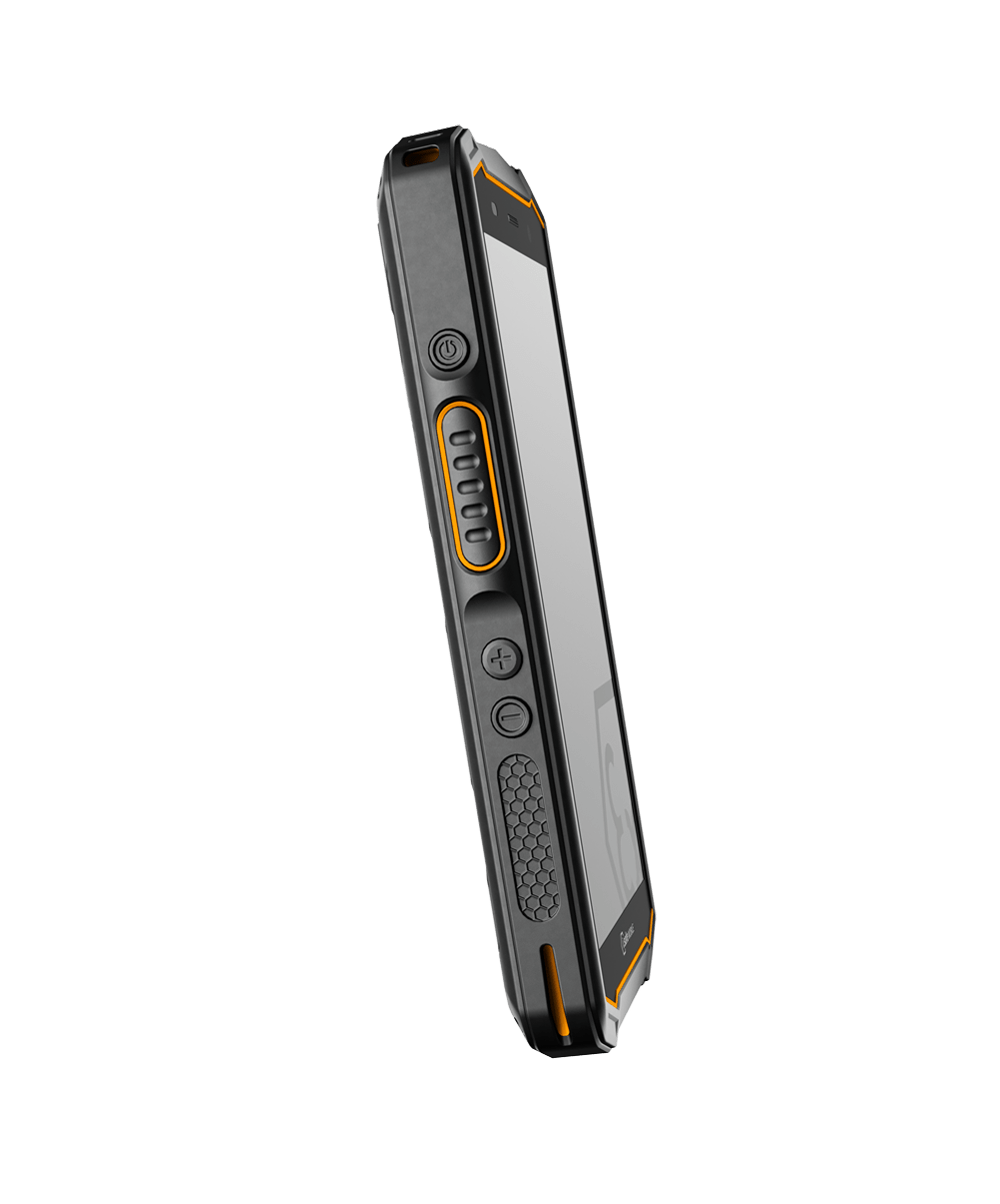 The i.safe MOBILE IS540.2 Non-Incendive (C1/D2) Smartphone is a rugged handheld device with a touchscreen, side buttons, and orange accents, shown angled on a white background, featuring LTE/5G connectivity for reliable use anywhere.