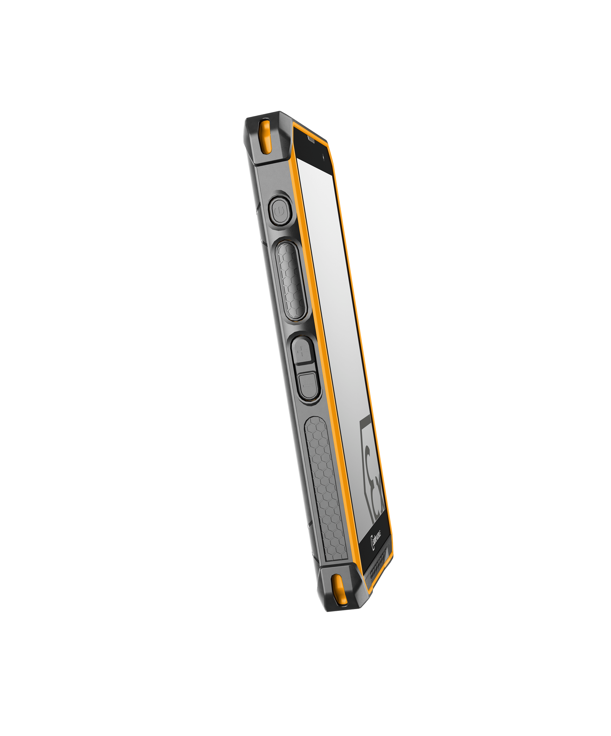 The i.safe MOBILE IS880.2 Lightweight 4G LTE Smartphone is shown in a rugged grey and orange protective case with a PTT side button, displayed at an angle against a plain white background.