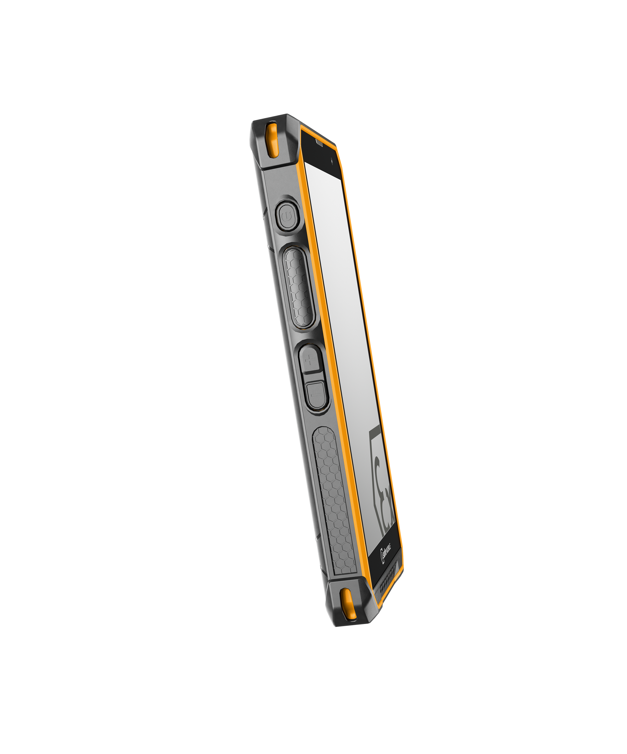 The i.safe MOBILE IS880.2 Lightweight 4G LTE Smartphone features a gray and orange rugged case, textured grip, physical buttons with a programmable key, and reinforced corners—perfect for noisy work environments.