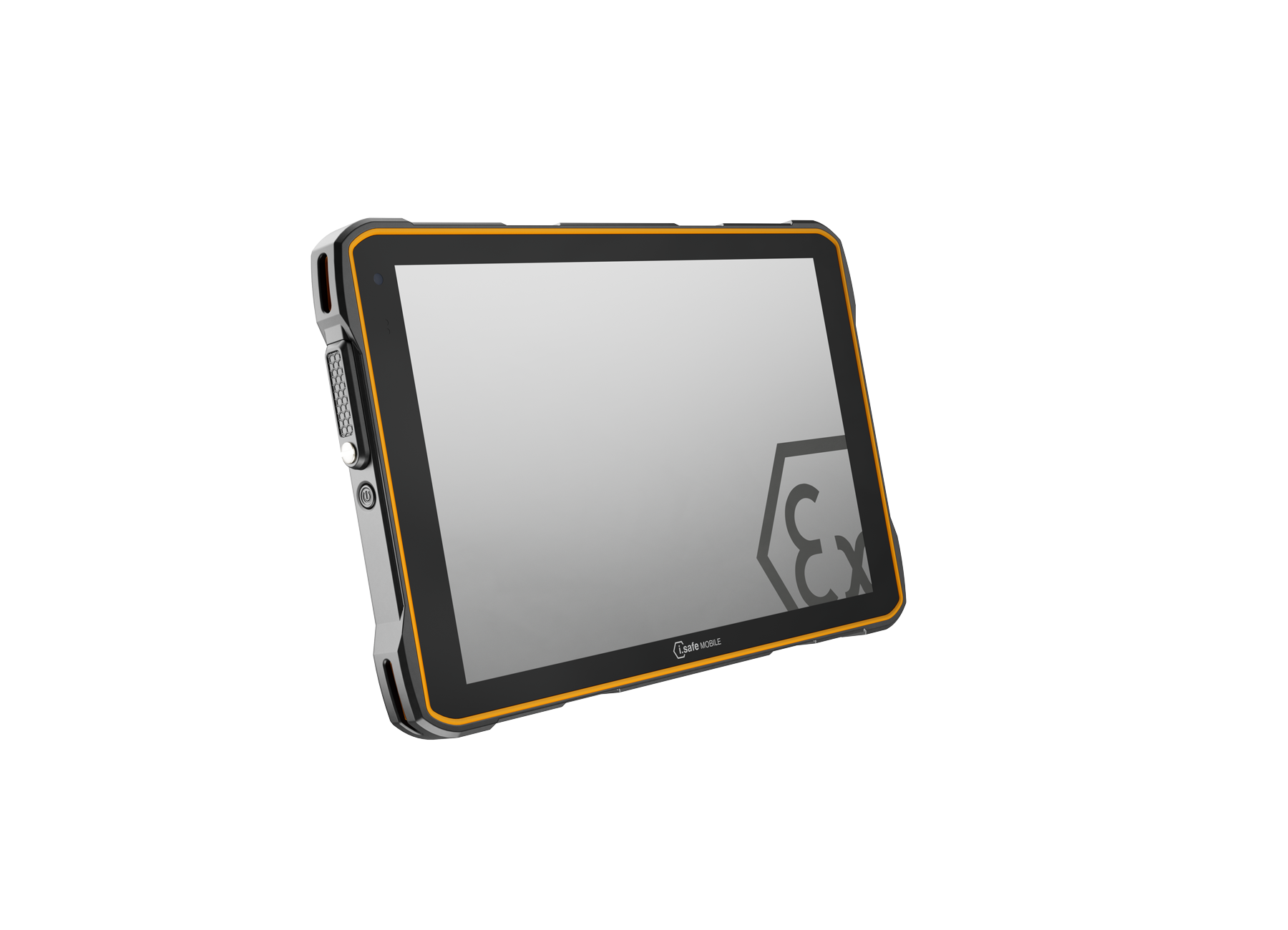 The i.safe MOBILE IS945.2 Intrinsically Safe Zone 2/22 Windows Tablet, featuring a black and yellow rugged casing and powered by the Qualcomm QCM6490, is shown at an angle against a plain white background.