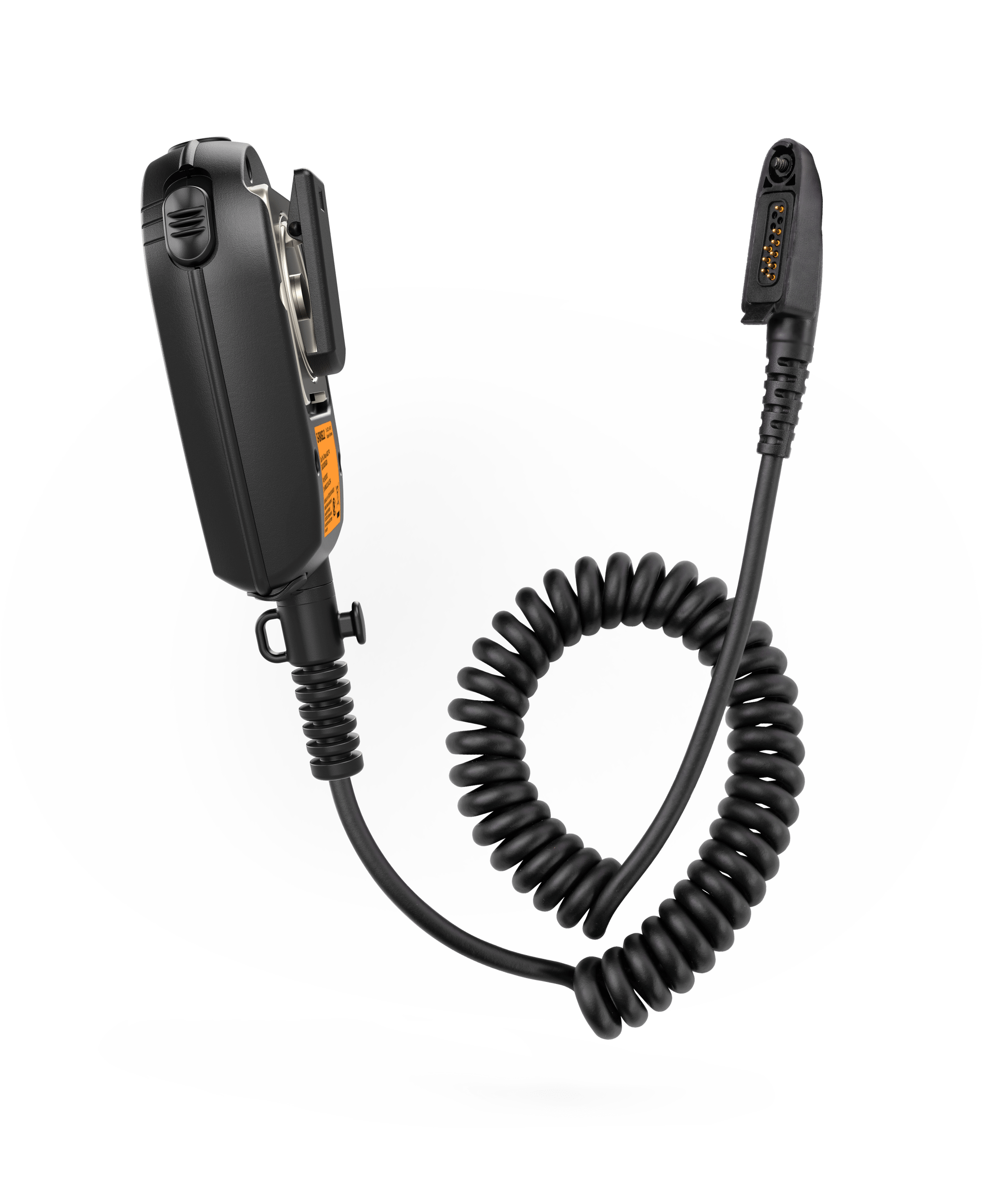 The i.safe MOBILE IS-RSMG2.2 Intrinsically Safe (C1/D2) Remote Speaker Microphone, black with a coiled cord and 13-pin ISM connector, is designed for noisy work environments and shown against a white background.
