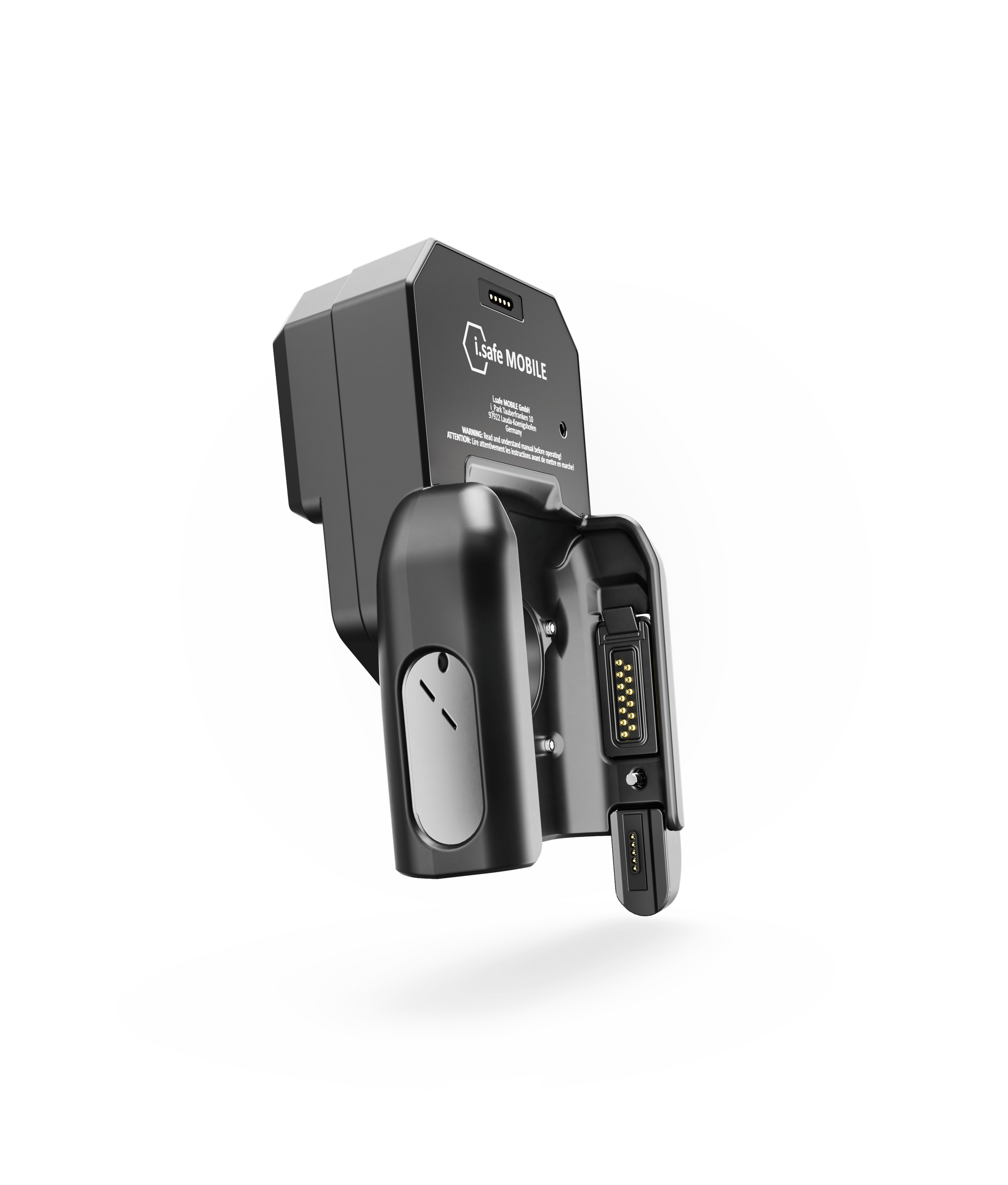Black i.safe MOBILE IS-TC1A.2 Intrinsically Safe (C1/D2) Thermal Camera charging dock with visible connector pins and label, featuring a multifunctional ISM interface, shown on a plain white background.