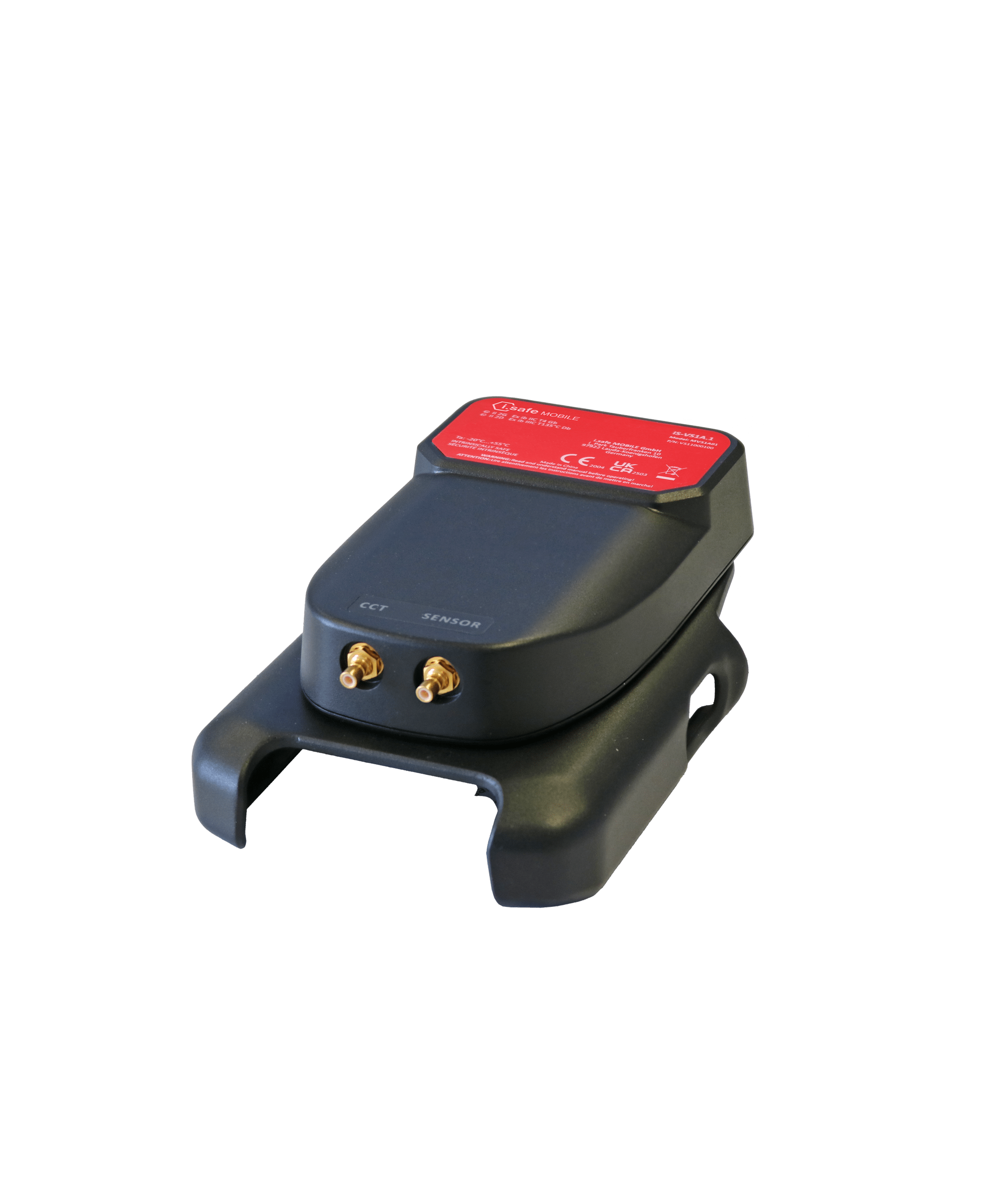 The i.safe MOBILE IS-VS1A.1 Intrinsically Safe (C1/D1) Valve Sense Mobile Inspection System is a black device with two gold connectors and a red label, designed for leakage detection and predictive maintenance.