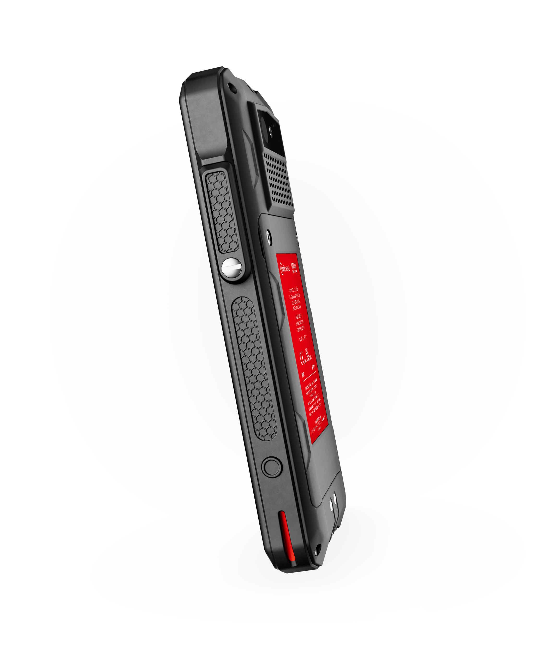 The i.safe MOBILE IS540.1 Intrinsically Safe (C1/D1) Smartphone is a rugged handheld device with a textured grip, visible red info on its screen, multiple buttons, and a replaceable battery, displayed at an angle on a plain white background.