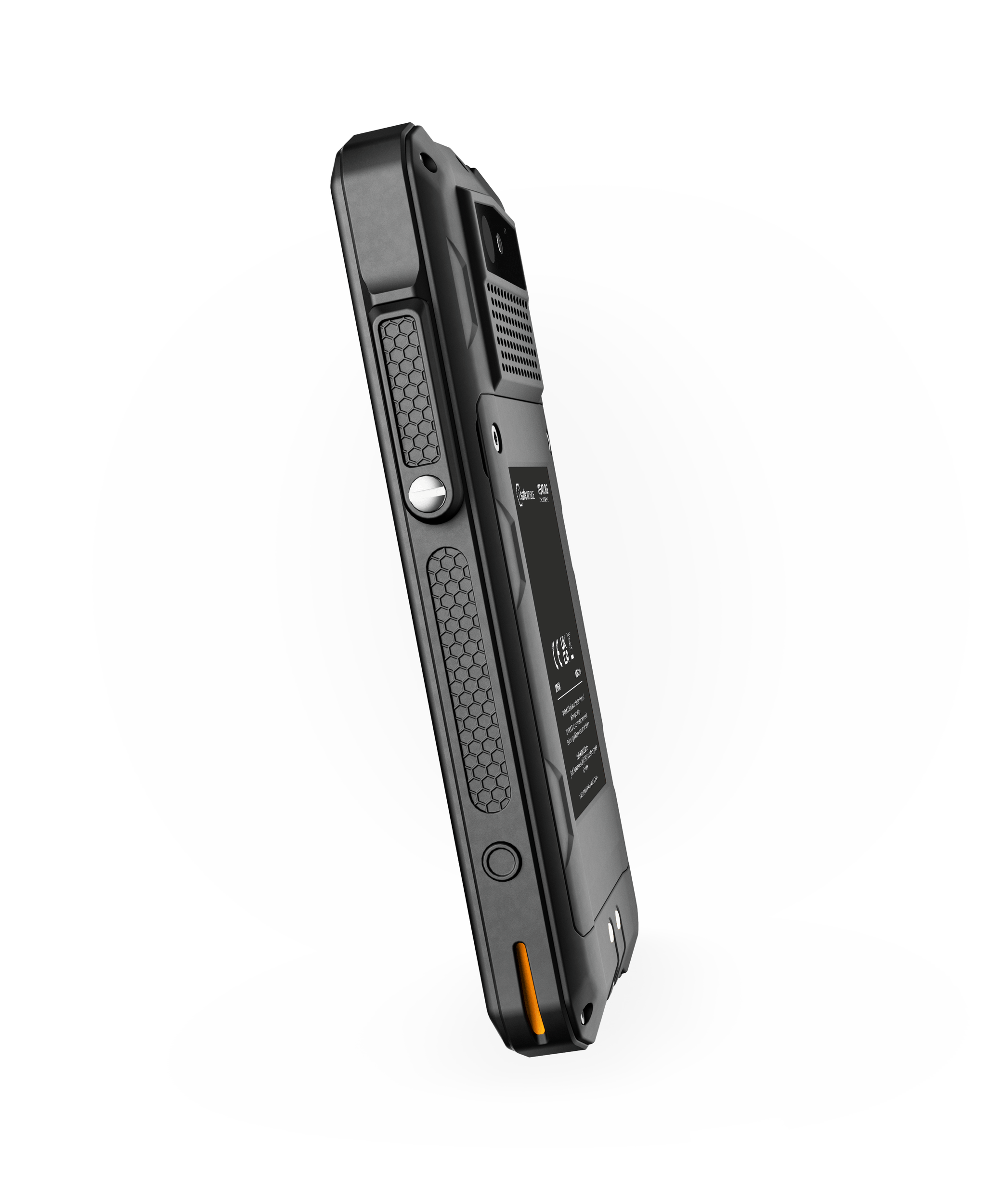 The i.safe MOBILE IS540.RG Rugged Smartphone features a black textured grip, visible buttons, a rear display, and supports Dual-SIM functionality for flexible connectivity, shown here from an angled side view.