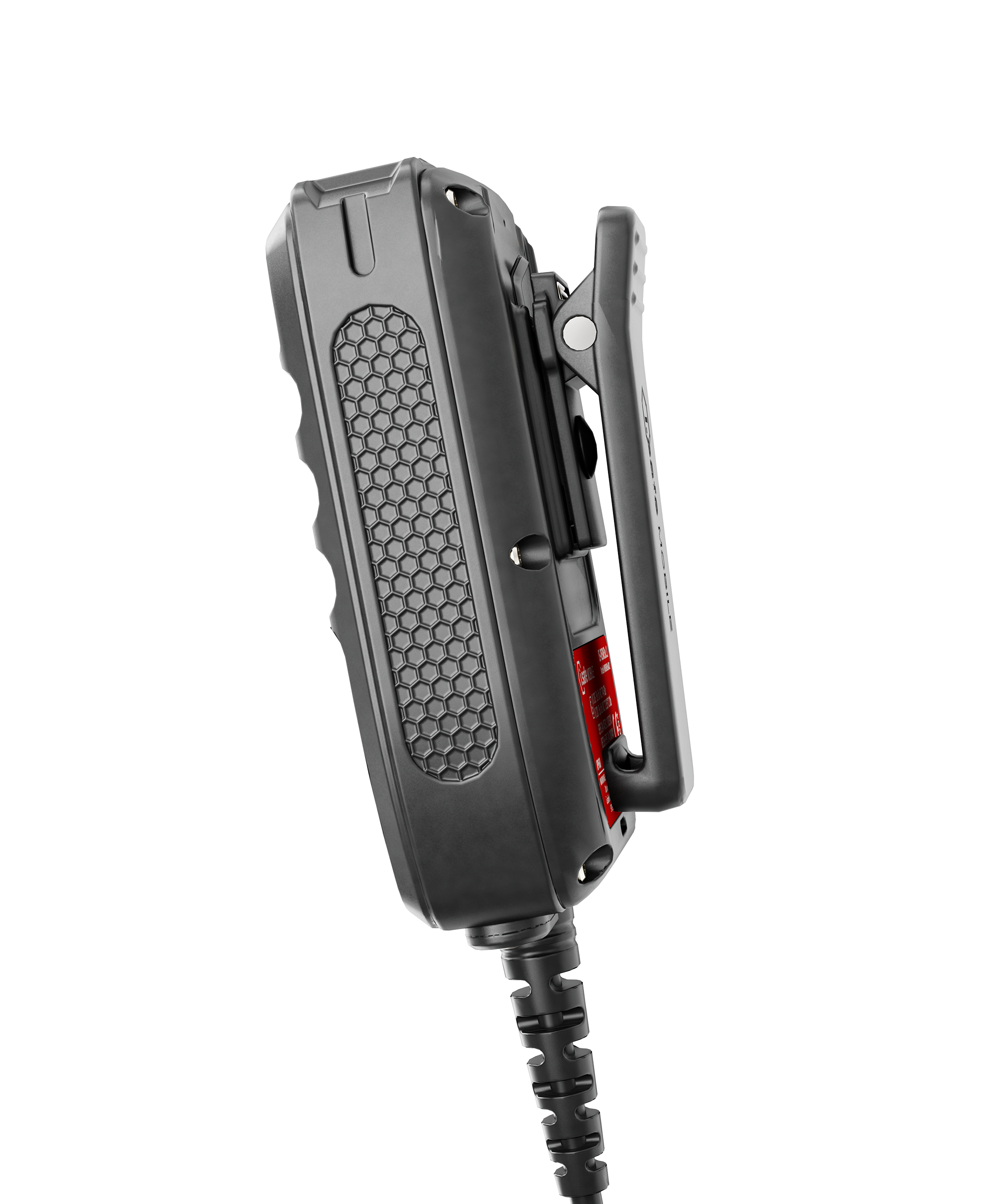 Side view of the i.safe MOBILE IS-RSM3A.1 Intrinsically Safe (C1/D1) Wired Remote Speaker Microphone with a textured grip, attached cable, and intelligent noise cancellation against a plain background.