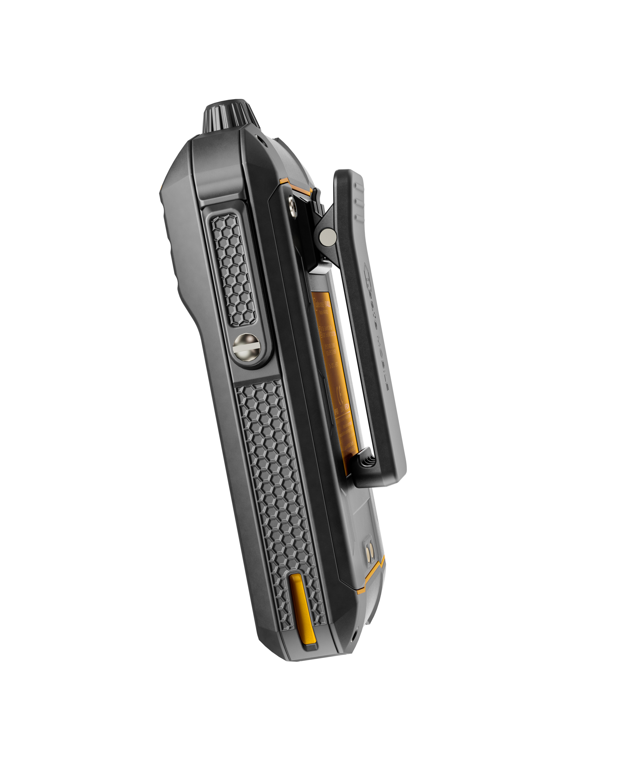 The i.safe MOBILE IS440.2 Intrinsically Safe (C1/D2) 5G Radio is a rugged handheld device with a textured grip, side PTT buttons, and a sturdy belt clip, displayed from the side against a white background.