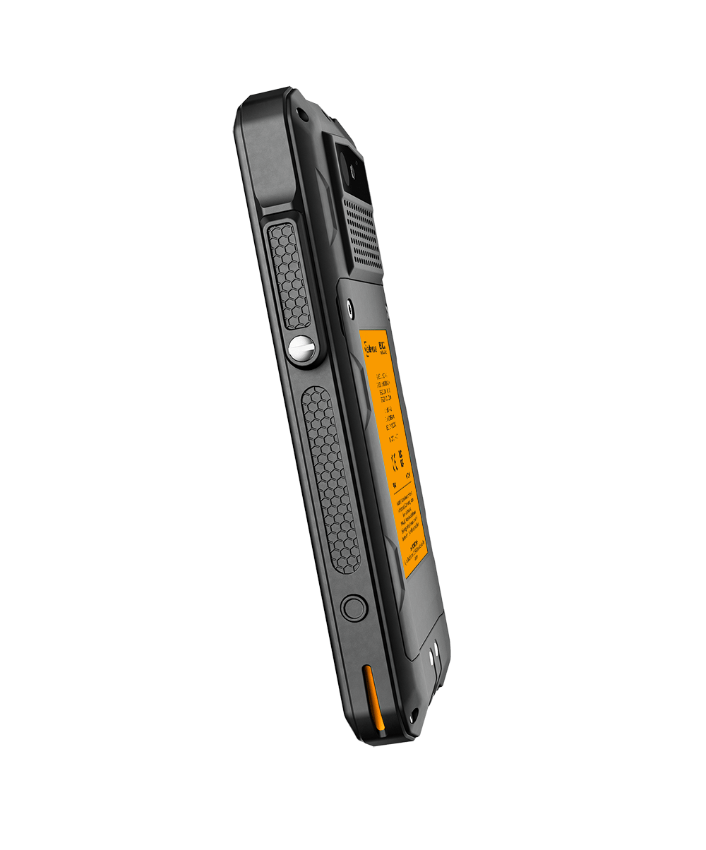 The i.safe MOBILE IS540.2 Non-Incendive (C1/D2) Smartphone, featuring an orange screen and textured grips for rugged use, is shown angled against a plain white background, highlighting its LTE/5G connectivity.