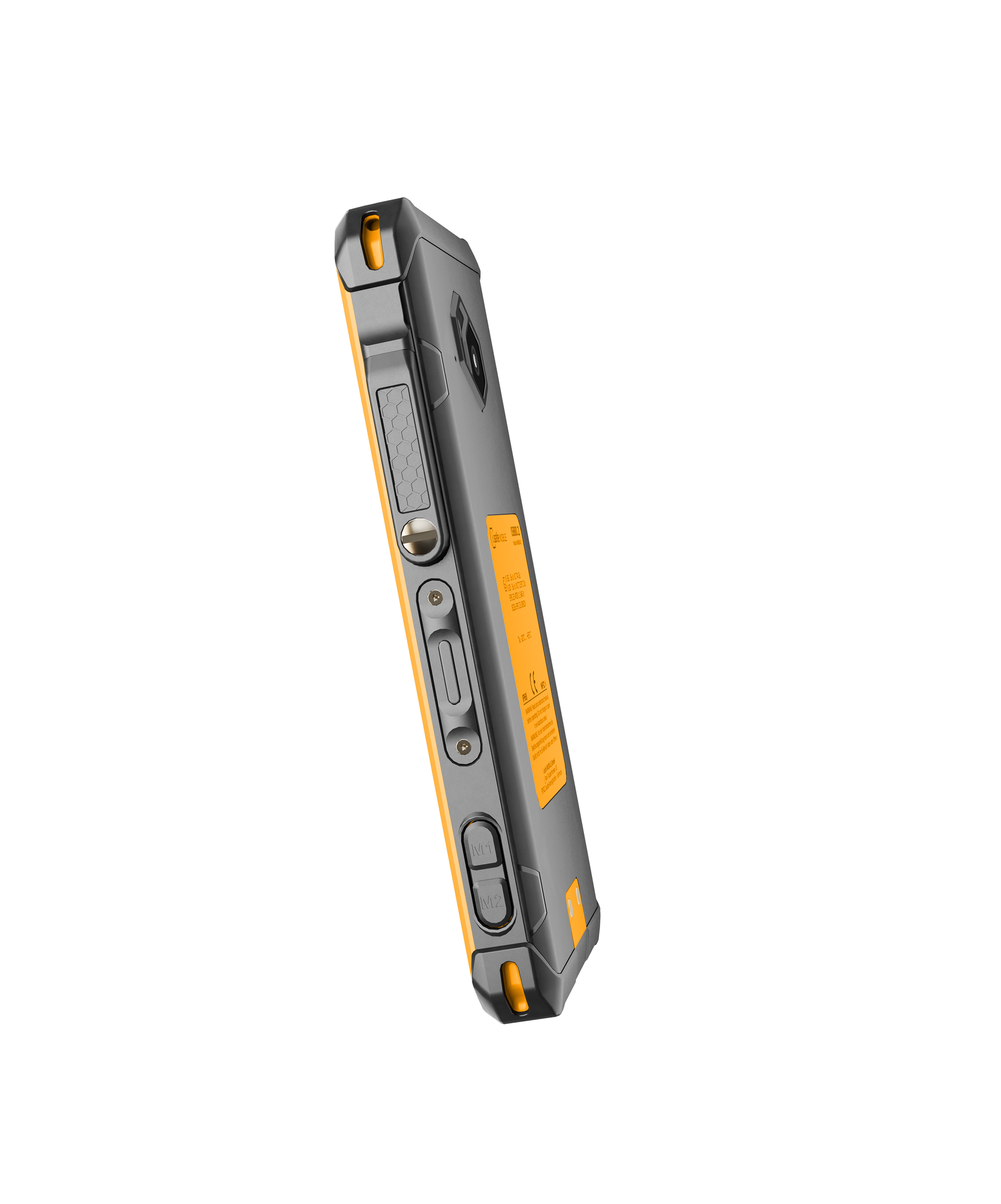 A rugged, grey and orange i.safe MOBILE IS880.2 Lightweight 4G LTE Smartphone with a PTT side button, controls, port, and textured grip—an Android 14 industrial device shown from the side on a white background.