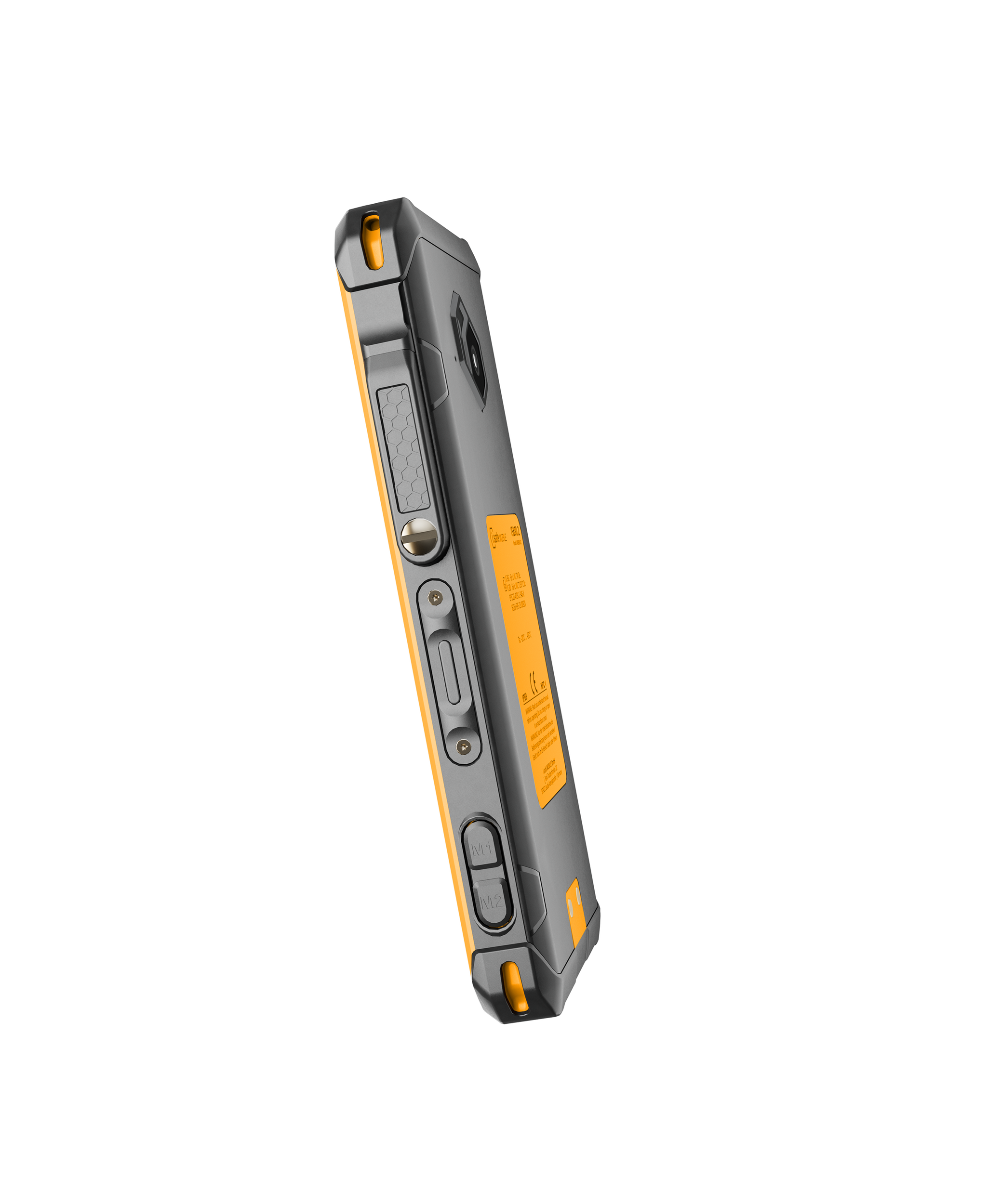 The i.safe MOBILE IS880.2 Lightweight 4G LTE Smartphone, a rugged gray and orange device with multiple buttons and side ports, is designed for use with amplified loudspeakers in noisy work environments and shown angled on a plain white background.