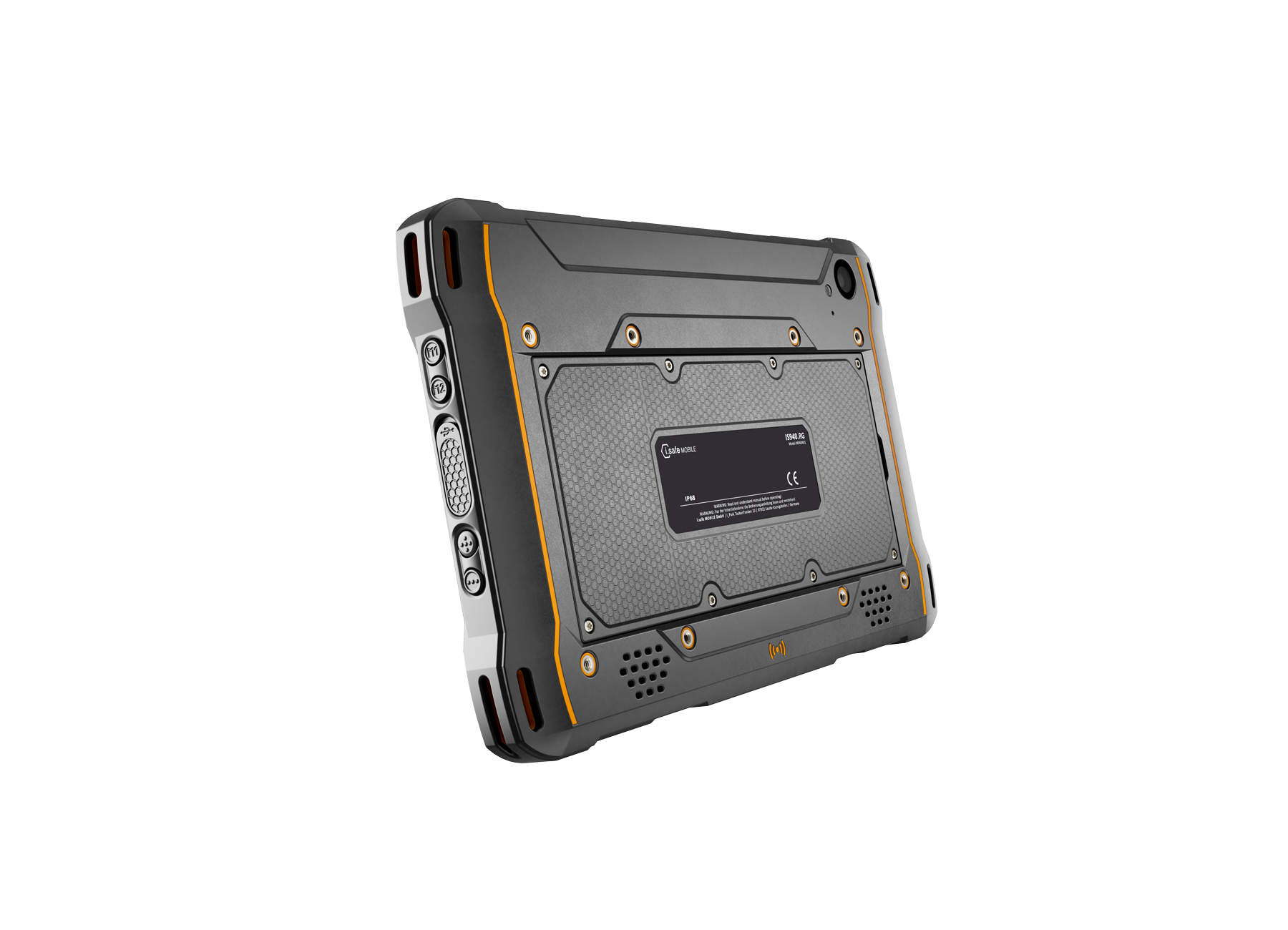 The i.safe MOBILE IS940.RG Rugged Android Tablet, featuring a durable black and gray casing with orange accents, multiple ports, reinforced corners, and Qualcomm QCM6490, is shown from the rear on a plain white background.