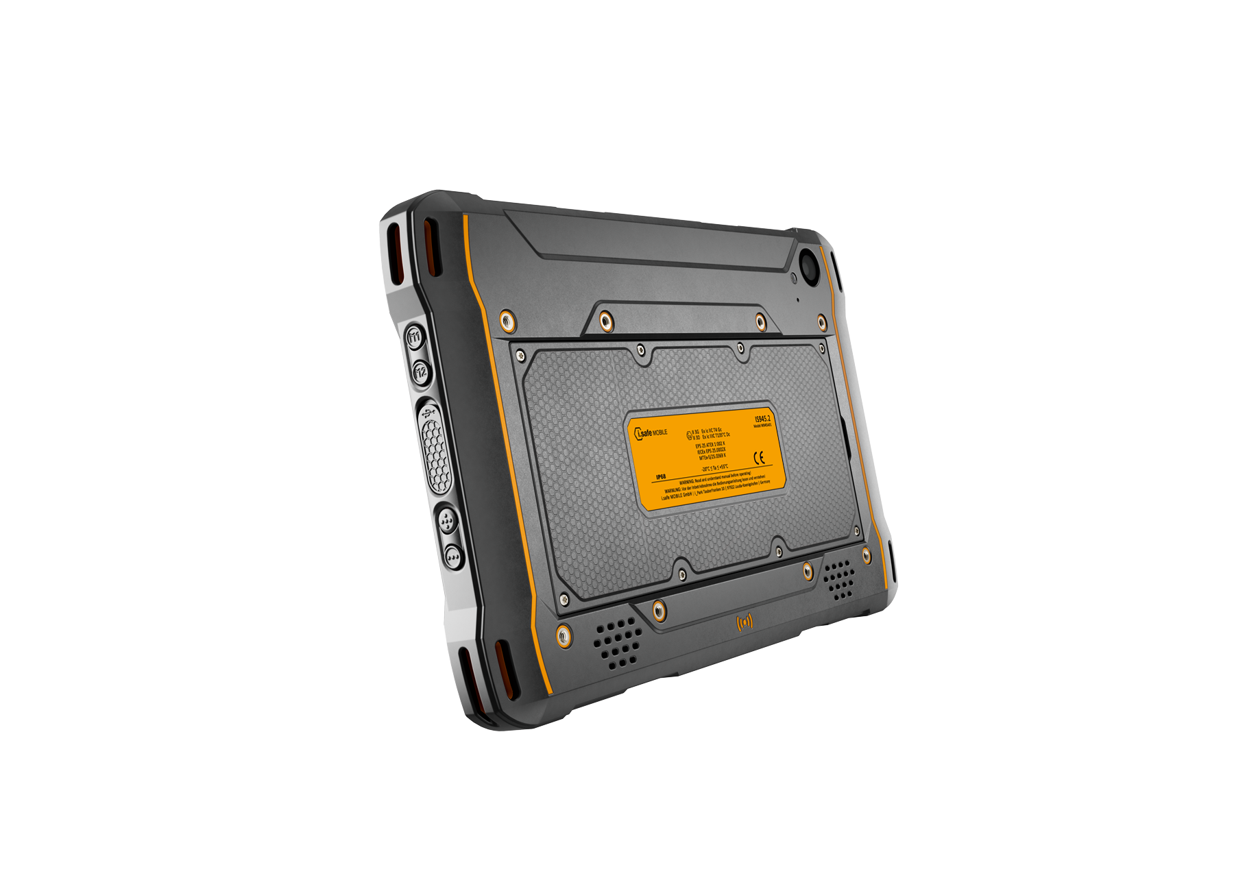 The i.safe MOBILE IS945.2 Intrinsically Safe Zone 2/22 Windows Tablet, with reinforced corners, a yellow back label, and Qualcomm QCM6490 chipset, is shown against a plain white background.