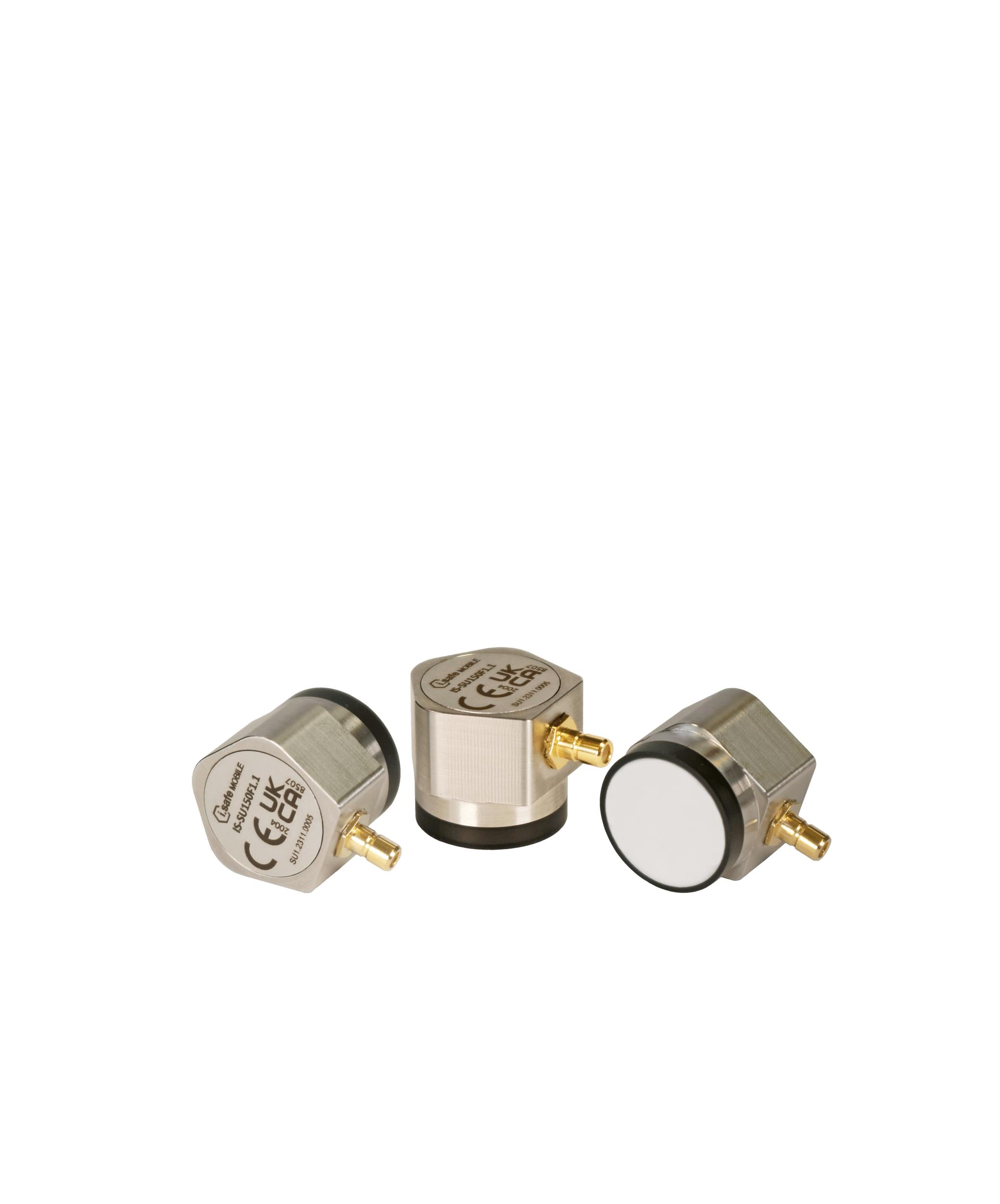 Three i.safe MOBILE IS-VS1A.RG Rugged Valve Sense Mobile Inspection System sensors with gold connectors are arranged on a plain white background, designed for predictive maintenance and automated data transfer.