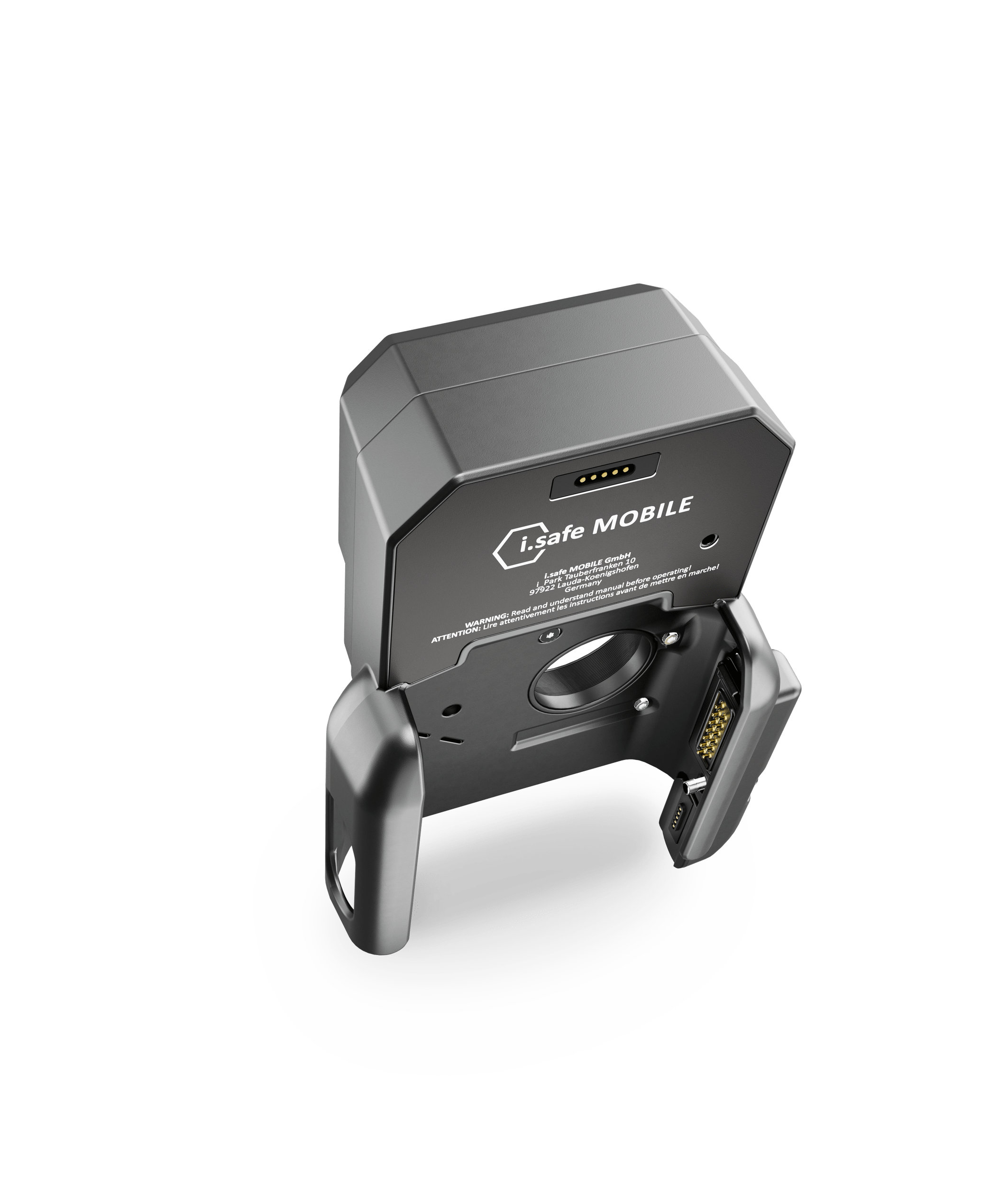 The i.safe MOBILE IS-TC1A.2 Intrinsically Safe (C1/D2) Thermal Camera cradle, with visible connection pins, attachment clips, and product labeling, features a multifunctional ISM interface on a white background.