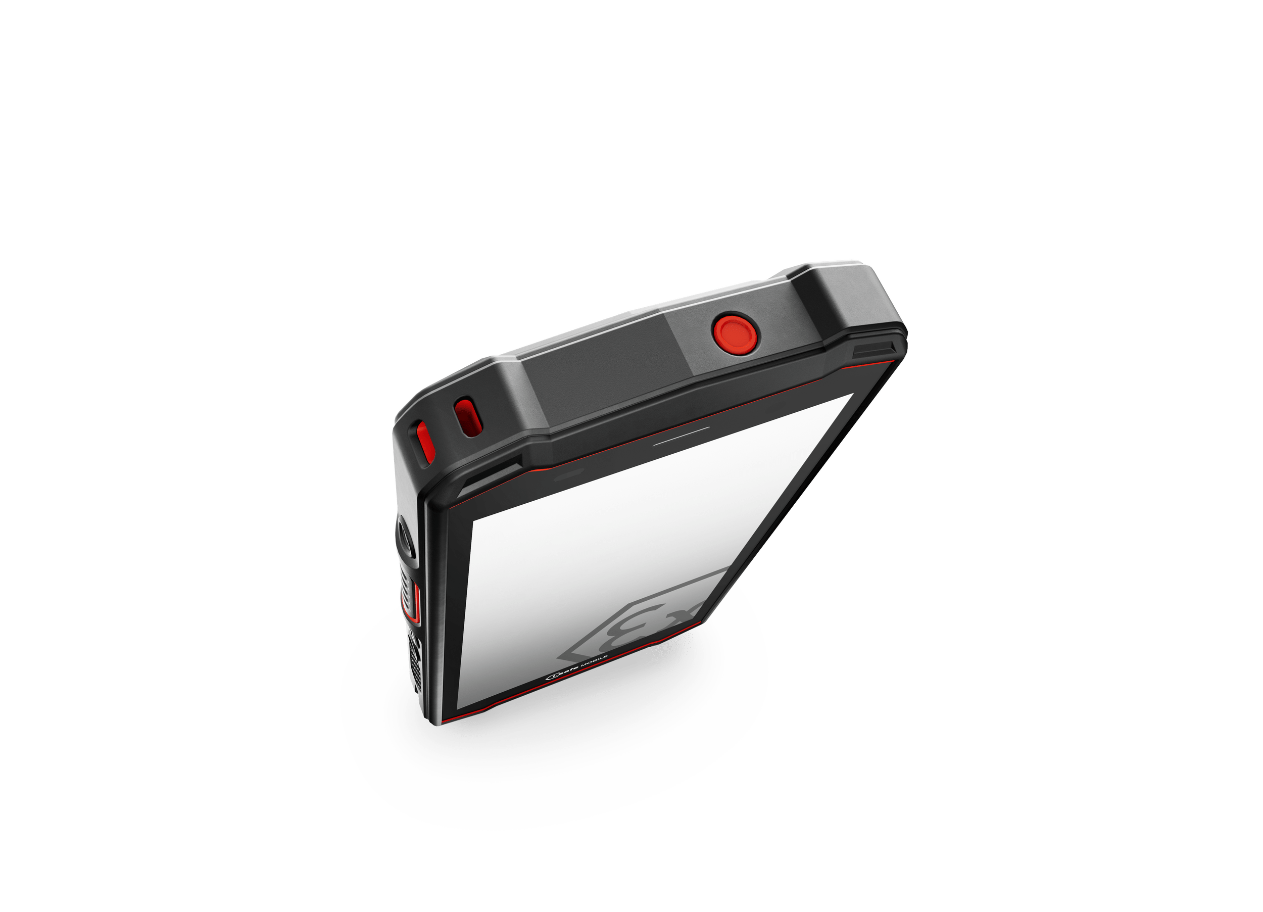 The i.safe MOBILE IS540.1 Intrinsically Safe (C1/D1) Smartphone is a rugged black handheld device with a screen, large red and black side/top buttons, and a replaceable battery, shown from an angled top view on a white background.