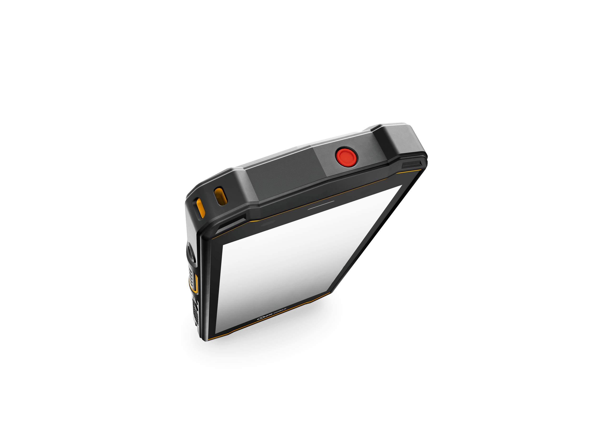 The i.safe MOBILE IS540.RG Rugged Smartphone features a large display, orange buttons, a red circular top button, and Dual-SIM support for enhanced connectivity, shown against a plain white background.