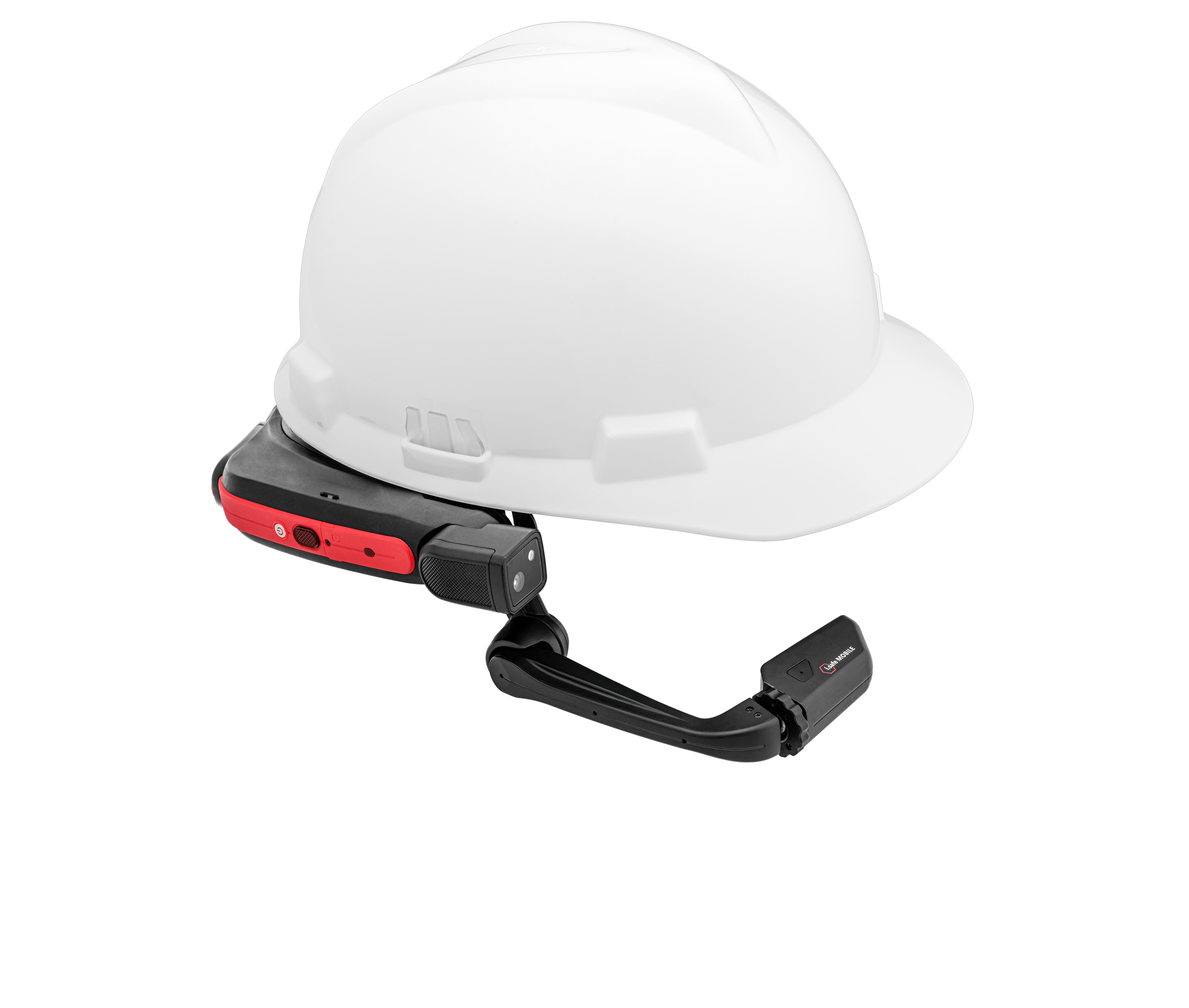 A white construction hard hat with a RealWear HMT-1Z1 Hands Free Intrinsically Safe Wearable Tablet (Android 10, Qualcomm Snapdragon 625) attached to the side in red and black.
