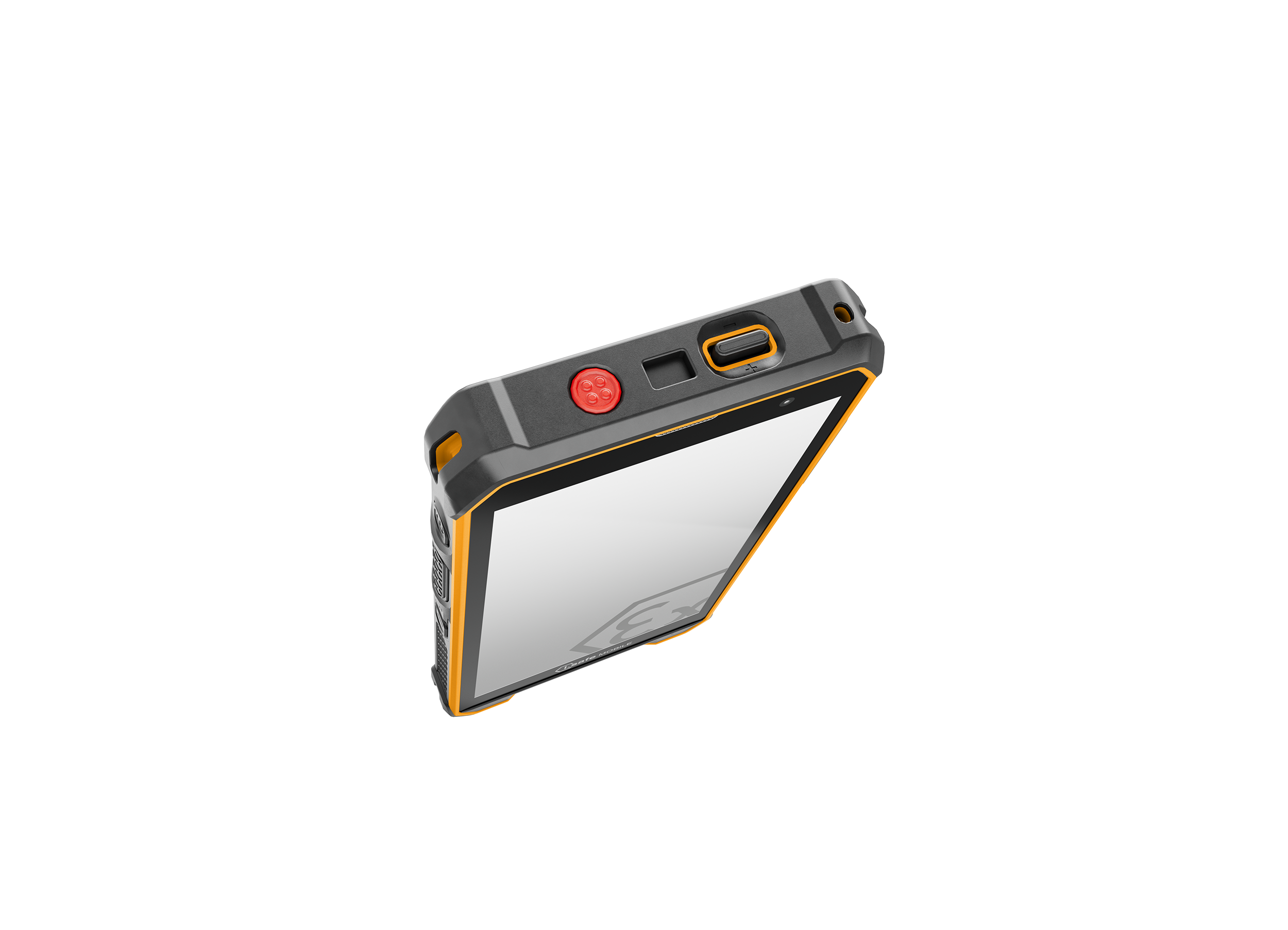 The i.safe MOBILE IS880.2 Lightweight 4G LTE Smartphone is a rugged yellow and gray handheld device, shown angled top view, with a screen, red programmable key, charging port, amplified loudspeaker for noisy environments, and square sensor.