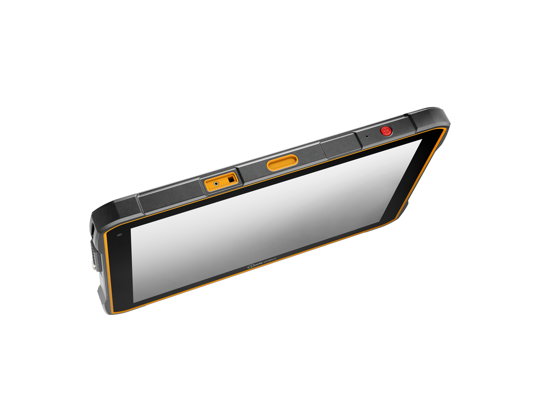 The i.safe MOBILE IS940.RG Rugged Android Tablet is shown in black and yellow, with visible ports and buttons on the top edge, viewed at an angle against a white background.