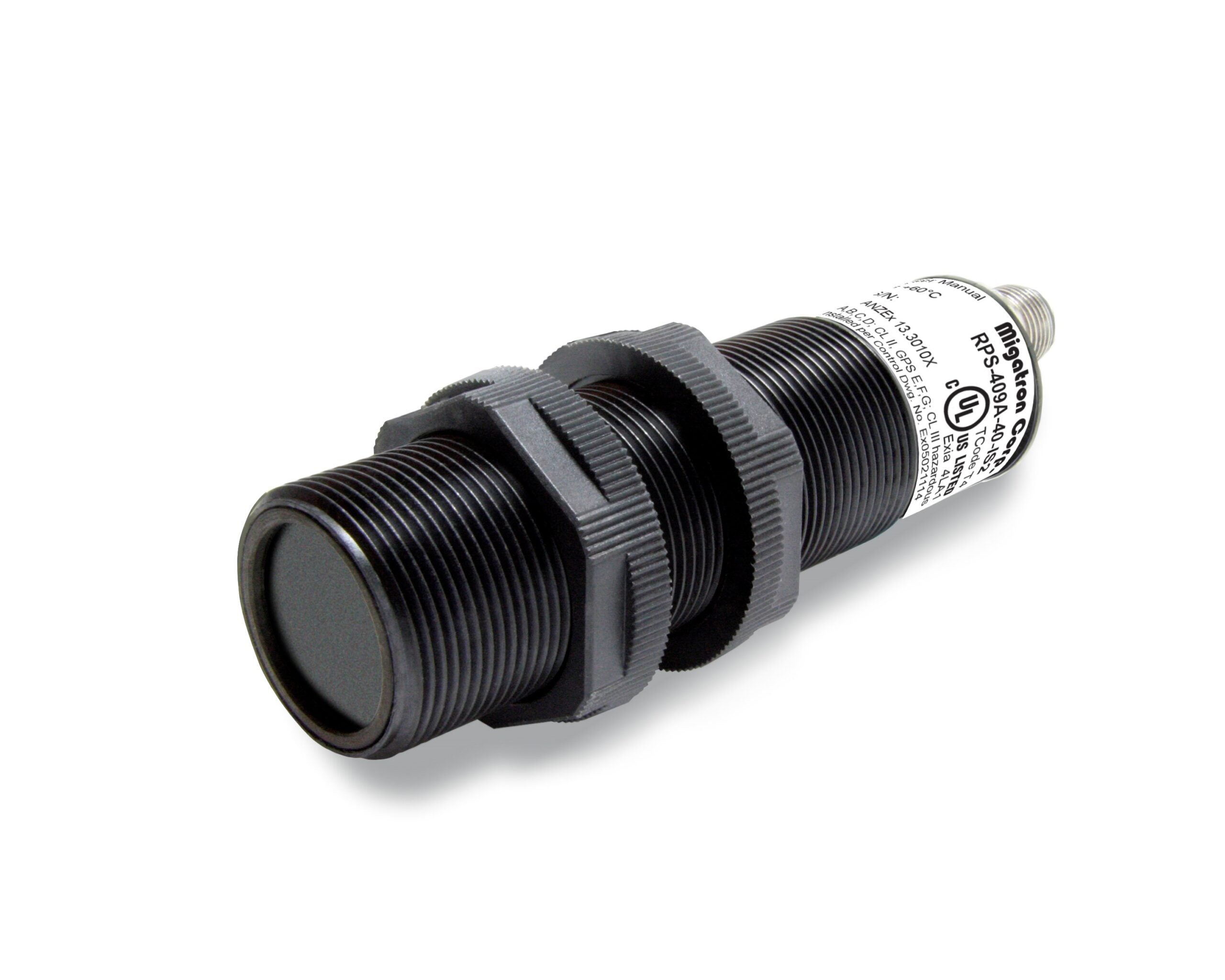 Migatron RPS-409A-IS2 is a cylindrical analog ultrasonic sensor with a threaded body, two mounting nuts, a specs label, and intrinsically safe design for versatile integration.