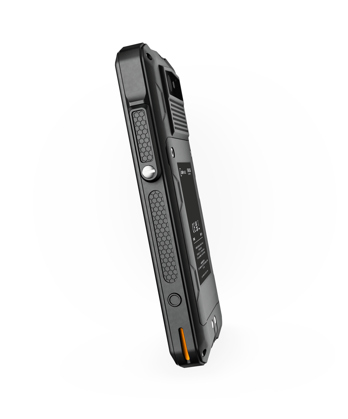 The i.safe MOBILE IS540.RG Rugged 5G Smartphone shown from a rear-side angle, featuring a textured side grip, a camera lens, and a small orange accent button.