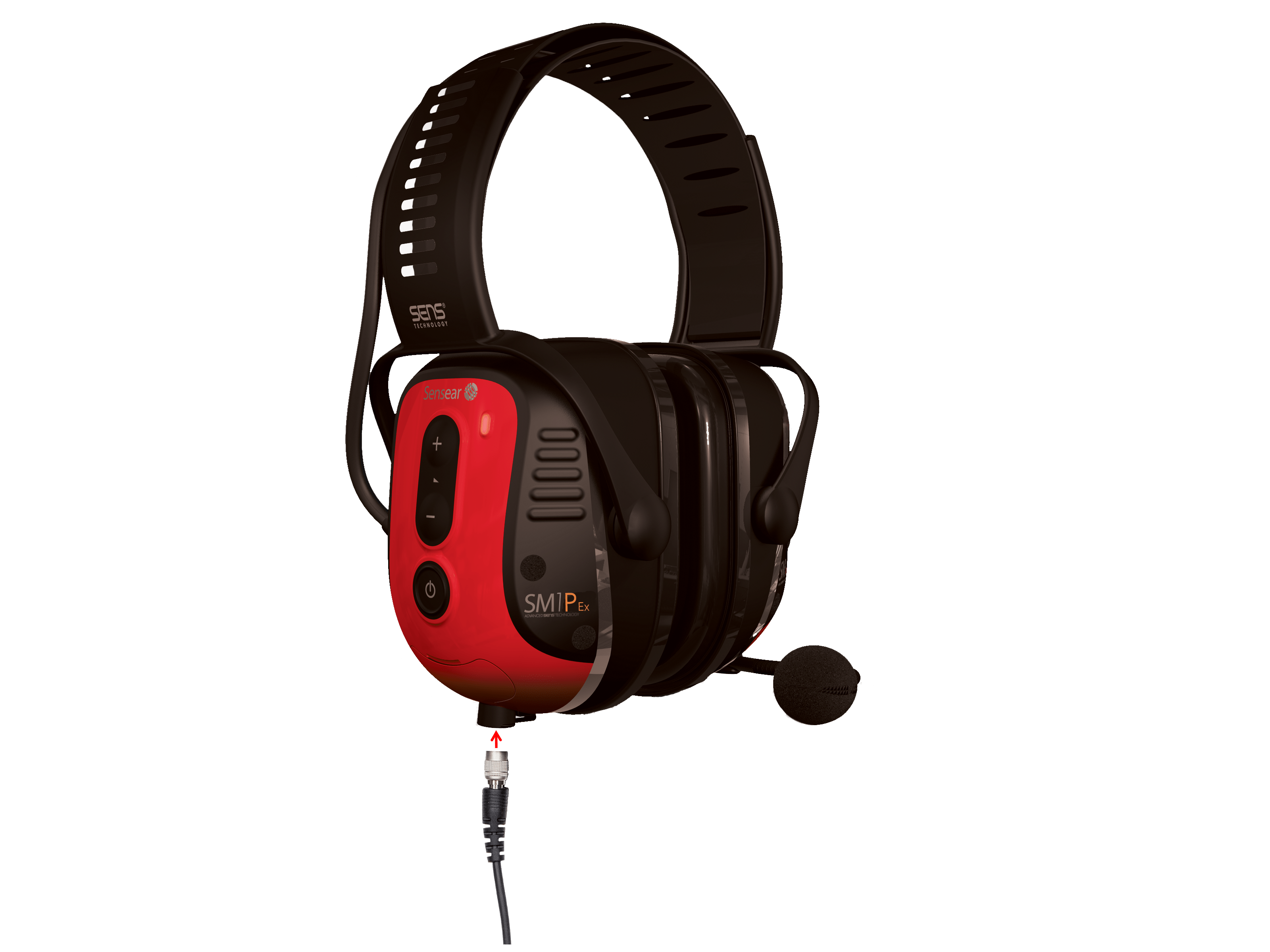 The Sensear SM1P02 Ex Intrinsically Safe Zone 1 Series Headset is a red and black over-ear wired headset with a noise-canceling boom mic, designed for clear communication in noisy environments.