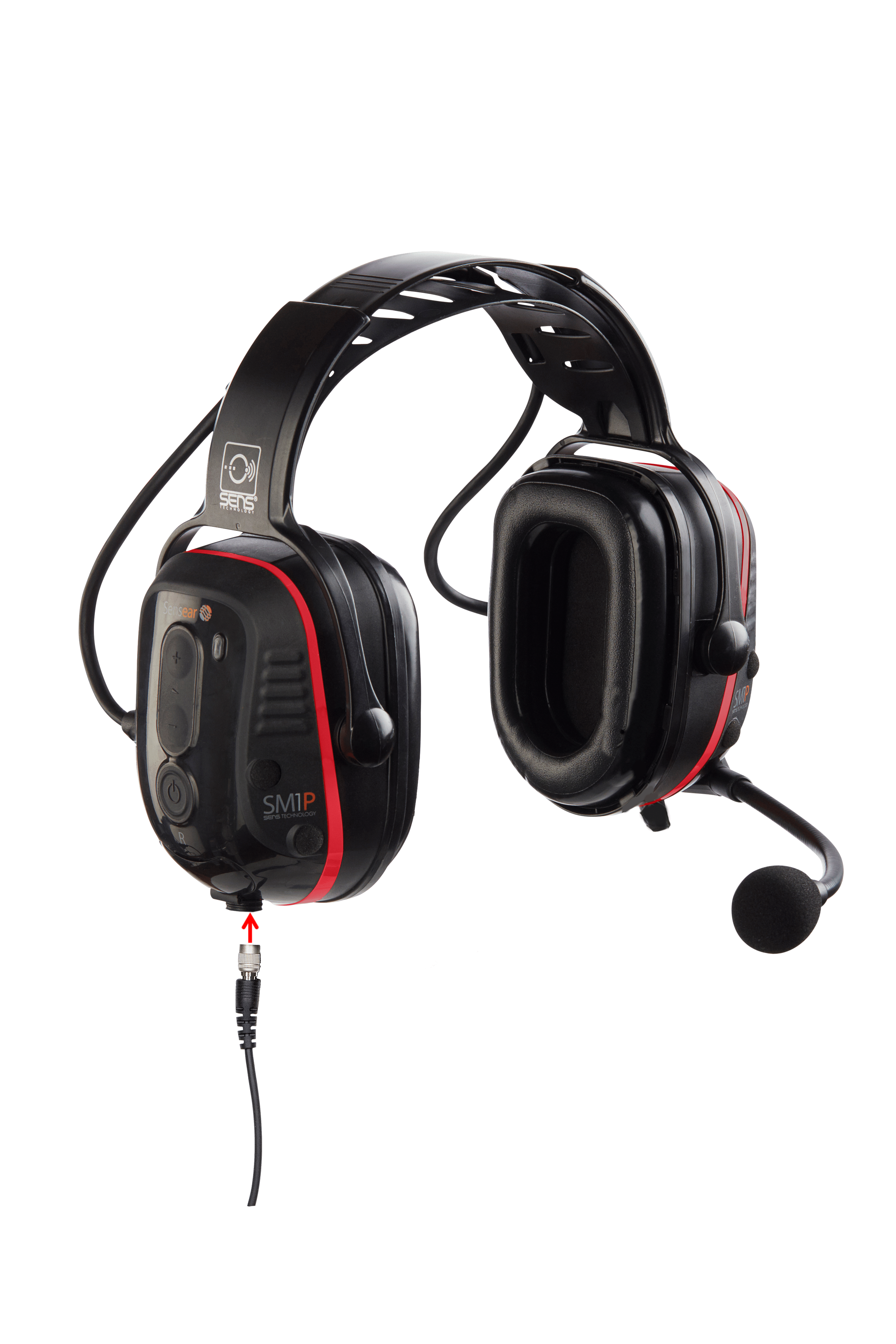 The Sensear SM1P02 Intrinsically Safe (C1/D1) Series Headset, featuring noise-canceling, a built-in microphone, adjustable headband, and attached cable in black and red, is displayed against a white background.
