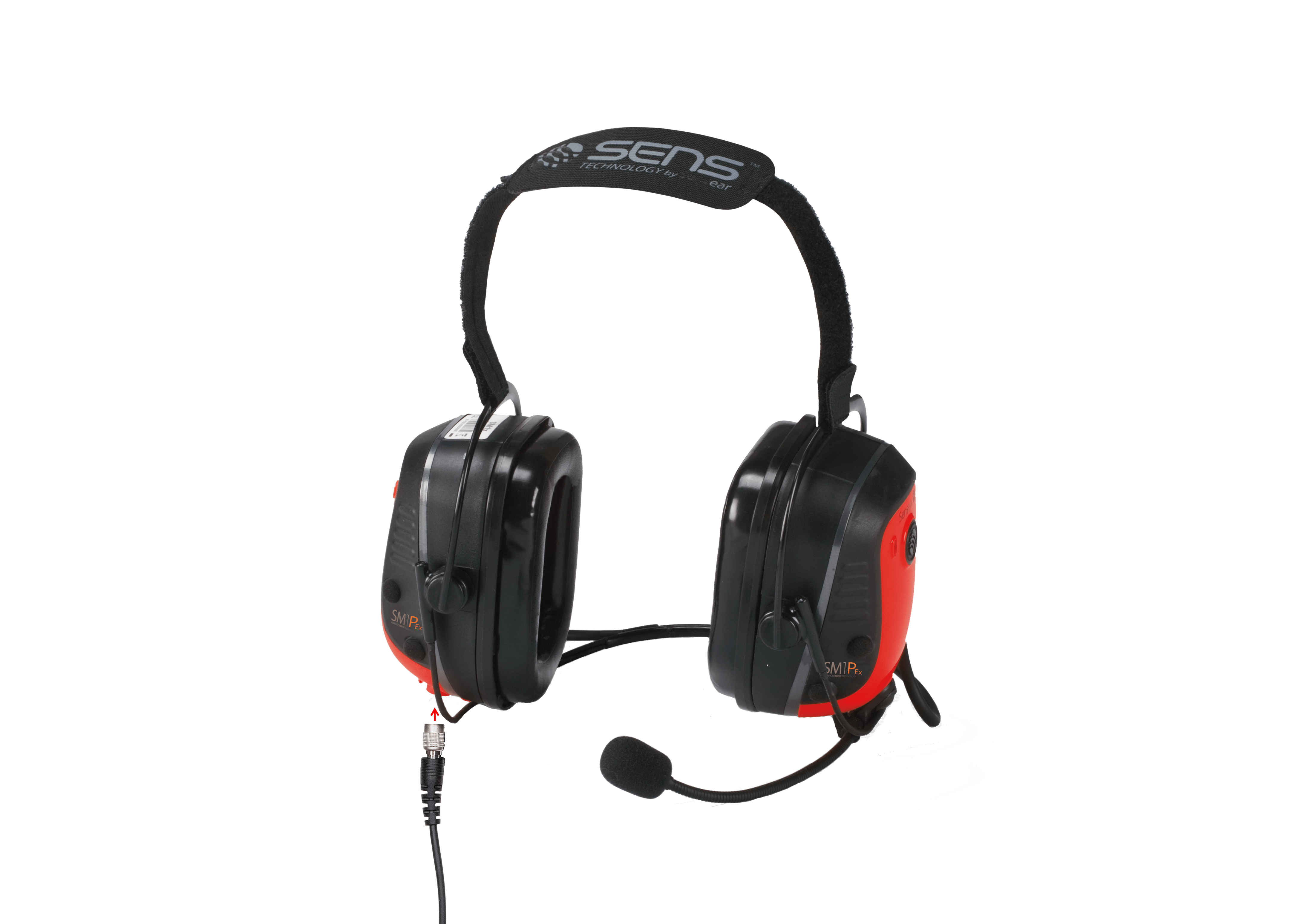 The Sensear SM1P02 Ex Intrinsically Safe Zone 1 Series Headsets are black and red over-ear headsets with a padded headband, wired connection, and noise-canceling boom mic for professional communication or noise reduction.