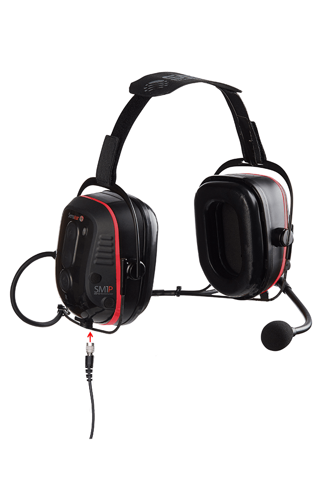 The Sensear SM1P02 Intrinsically Safe (C1/D1) Series Headset is a black over-ear noise-canceling headset with a built-in microphone, red accents, and an audio cable, displayed on a plain white background.