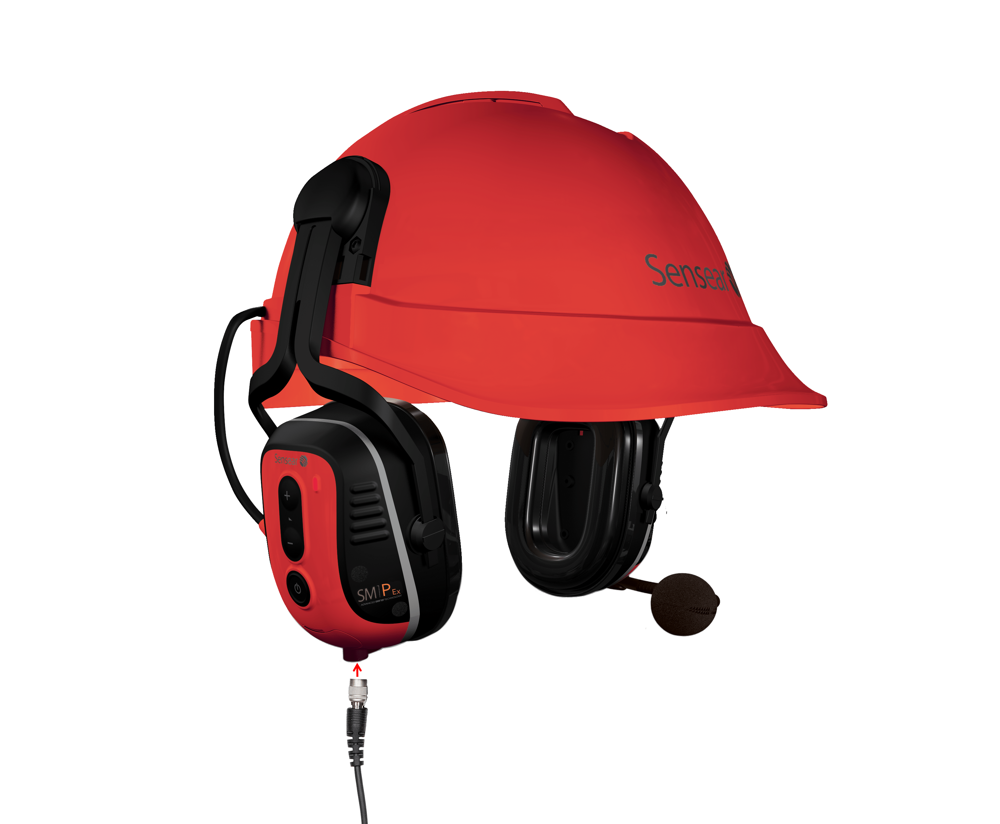 The Sensear SM1P02 Ex Intrinsically Safe Zone 1 Series Headset features a red helmet, black earmuffs, a noise-canceling boom mic, and a connected cable for industrial communication and hearing protection.